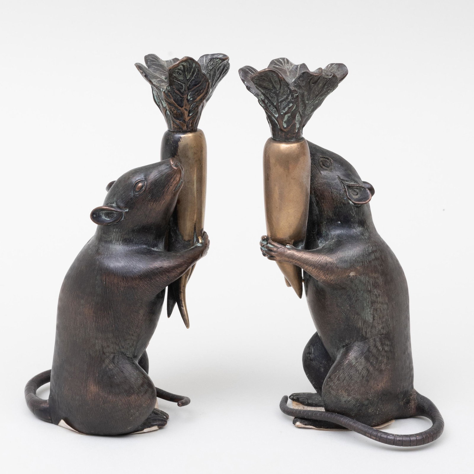 Pair of Japanese Meiji Bronze Rat Form Candlesticks: Pair of Japanese Meiji Bronze Rat Form Candlesticks Three character mark. 7 1/4 in. high.