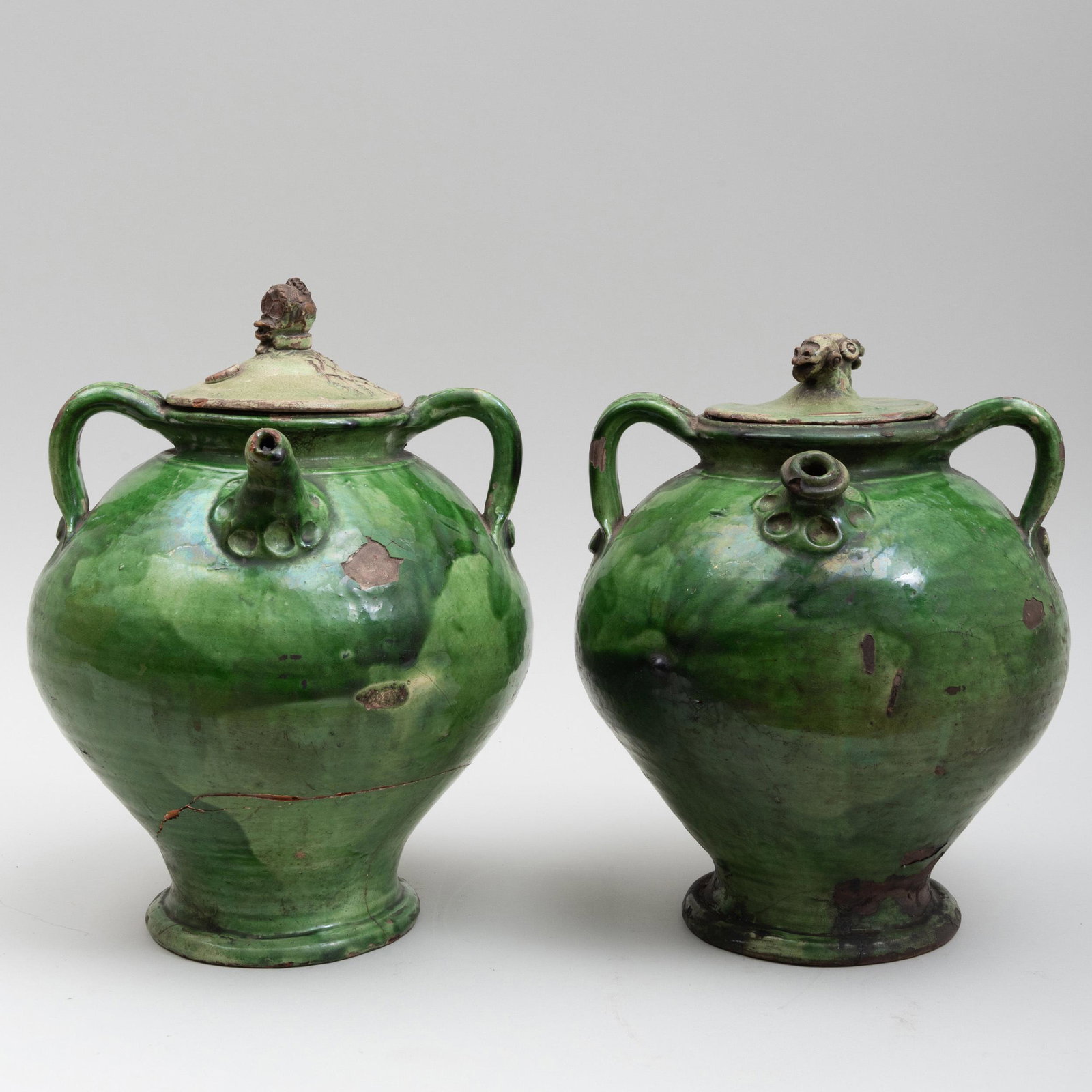 Pair of Continental Green Glazed Earthenware Pottery: Pair of Continental Green Glazed Earthenware Pottery Lidded Ewer Jars 14 x 11 in. diam.