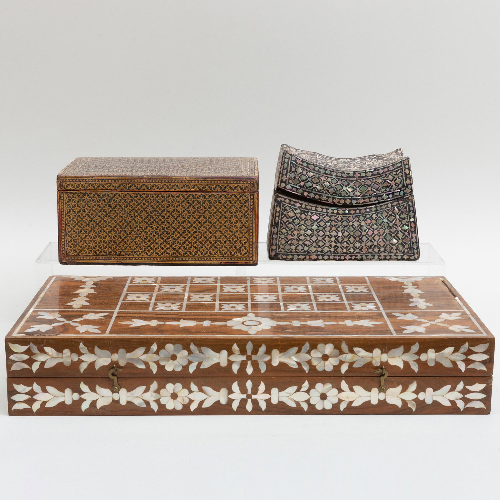Anglo Indian Mother of Pearl Inlaid Games Board and Two: Anglo Indian Mother of Pearl Inlaid Games Board and Two Indian Inlaid Boxes The game board 3 1/2 x 21 x 10 in. (closed), 1 1/2 x 21 x 21 in. (open).