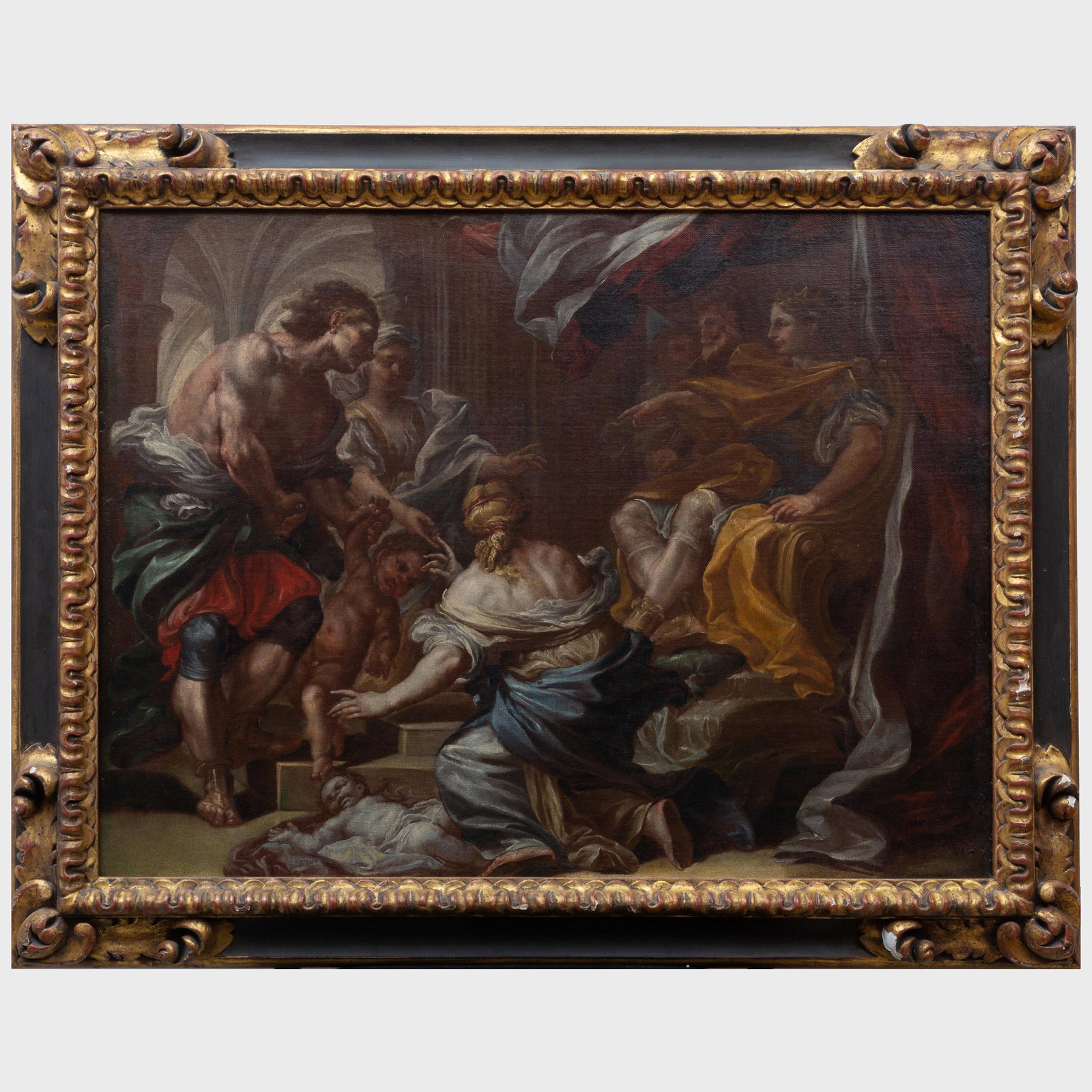 Circle of Corrado Giaquinto (1703-1766): The Judgement: Circle of Corrado Giaquinto (1703-1766): The Judgement of Solomon Oil on canvas, unsigned, lined. 20 x 26 in., 25 x 31 1/2 in. (frame). Sold Christie's, South Kensington, July 6, 1989; Richard L. Feig