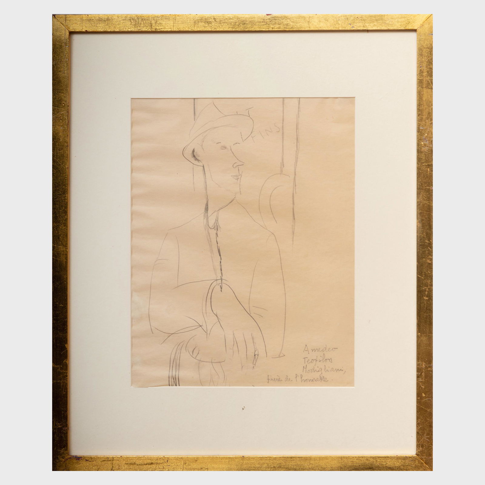 Attributed to Amedeo Modigliani (1884-1920): Portrait: Attributed to Amedeo Modigliani (1884-1920): Portrait of a Man Pencil on paper, inscribed 'Amedeo Teofilos Modigliani frère de l'honorable' lower right. 13 1/4 x 10 1/2 in. (sheet), 20 x 16 3/4 in. (