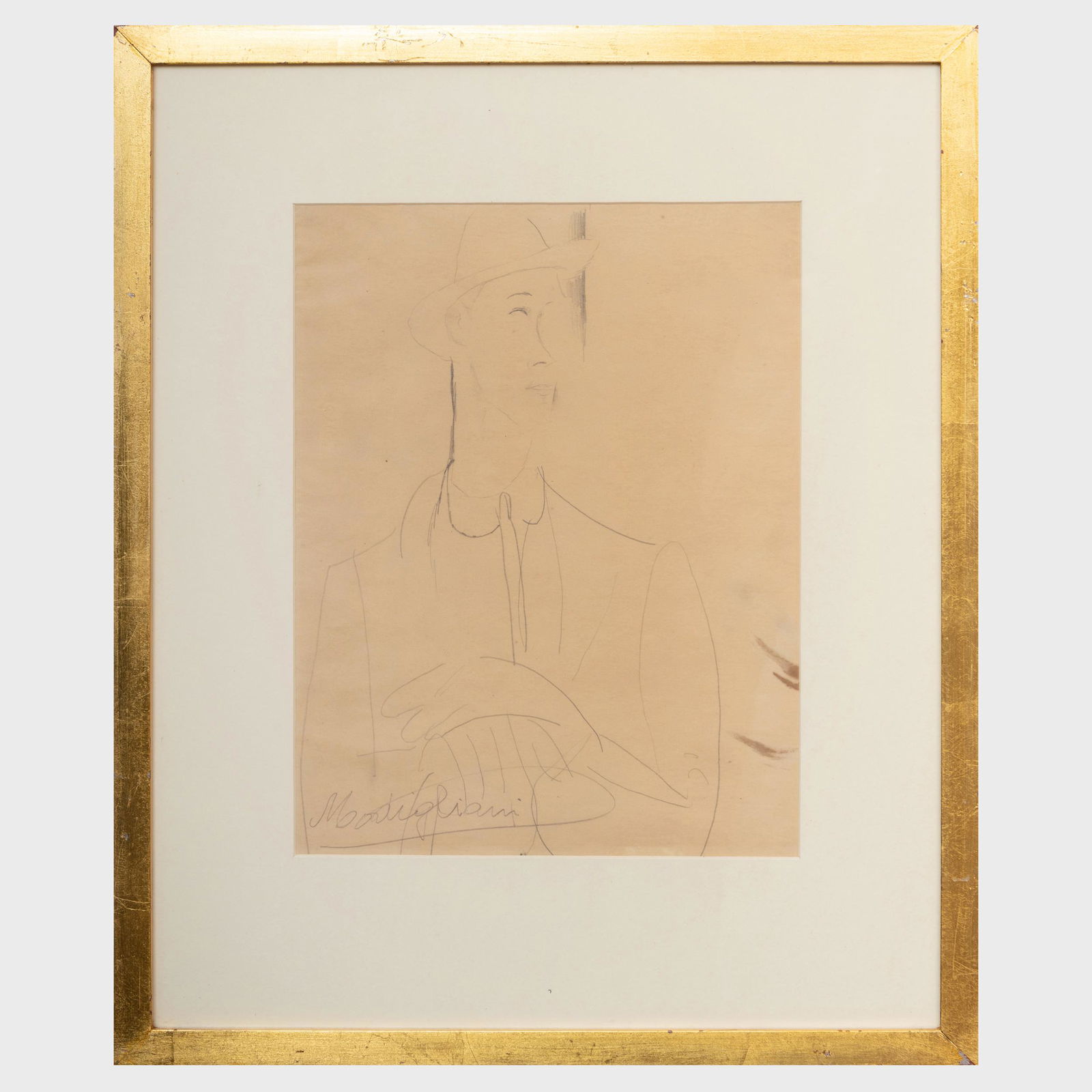 Attributed to Amedeo Modigliani (1884-1920): Portrait: Attributed to Amedeo Modigliani (1884-1920): Portrait of a Man Pencil on paper, signed 'Modigliani' lower left. 13 1/4 x 10 1/2 in. (sheet), 20 x 16 3/4 in. (frame). Note: This work is not included in