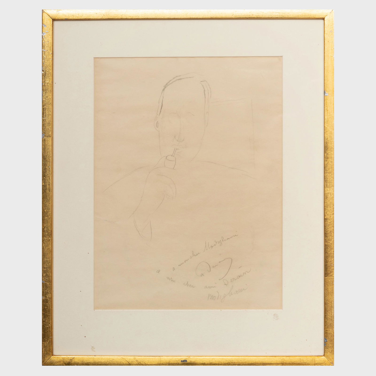 Attributed to Amedeo Modigliani (1884-1920): Portrait: Attributed to Amedeo Modigliani (1884-1920): Portrait of André Derain Pencil on paper, signed 'Modigliani' and inscribed ' a mon cher ami Derain' and 'a mon cher Modigliani/A Derain' lower right. 13