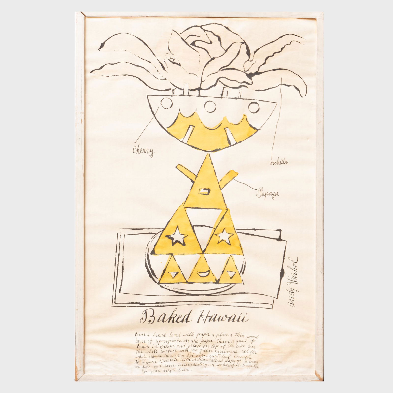 Andy Warhol (1928-1987): Baked Hawaii, from Wild: Andy Warhol (1928-1987): Baked Hawaii, from Wild Raspberries Offset lithograph in black with hand-coloring on cream paper, 1959. 17 x 11 in. (sheet), 17 1/2 x 11 1/4 in. (frame, unglazed). Literature: