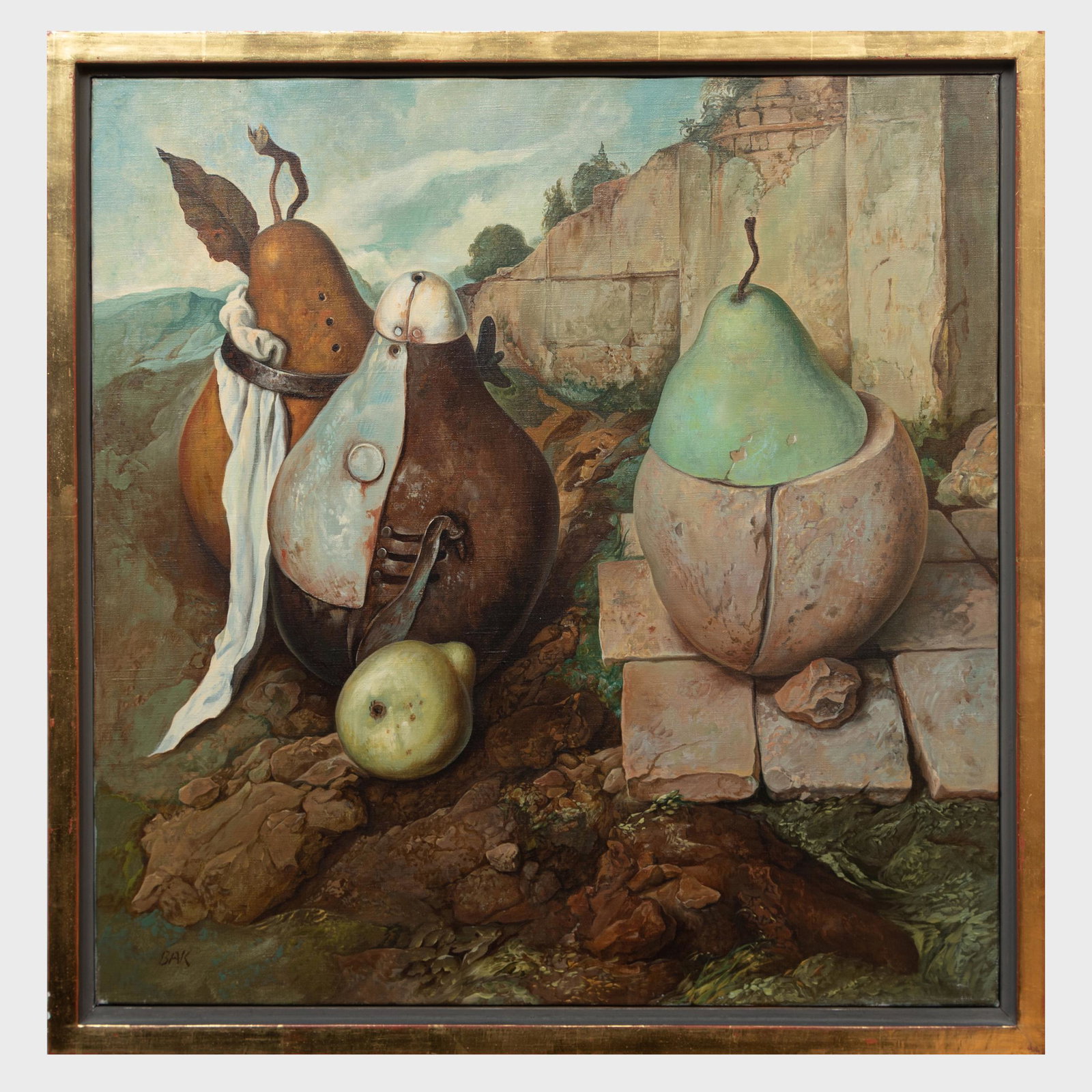 Samuel Bak (b. 1933): Pears: Samuel Bak (b. 1933): Pears Oil on canvas, signed 'Bak' lower left. 19 3/4 x 19 3/4 in., 21 1/2 x 21 1/2 in. (frame). Note: Born in Poland in 1933, Samuel Bak's family lived in the ghetto of Vilna und