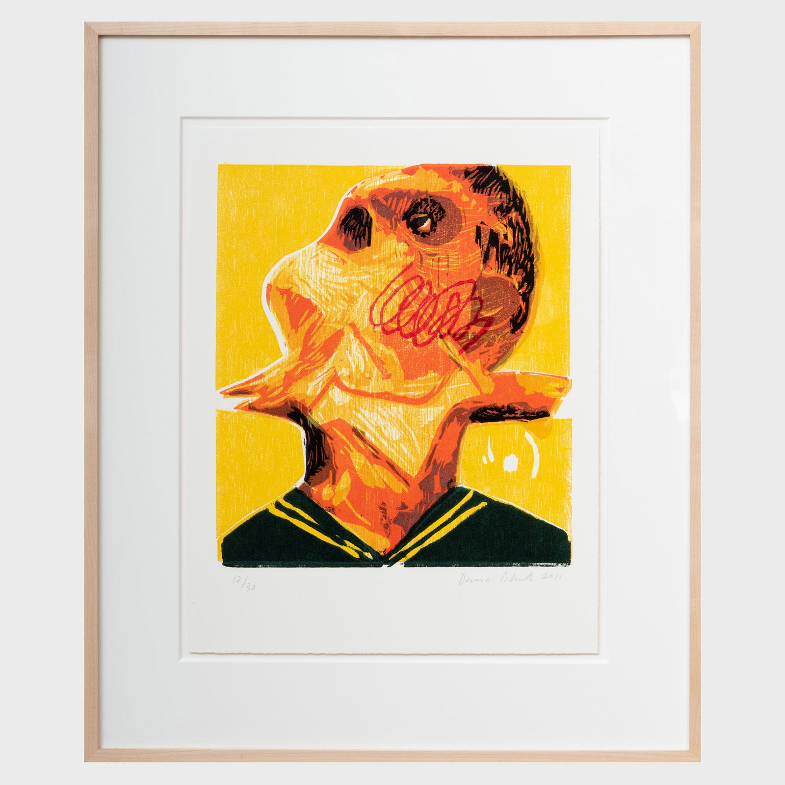 Dana Schutz (b. 1976): Bird in Throat: Dana Schutz (b. 1976): Bird in Throat Woodcut in colors on Stonehenge, 2011, signed and dated in pencil, numbered 12/30, with label from Matthew Marks Gallery, NY. 18 x 14 in. (sheet), 25 1/2 x 21 1/4