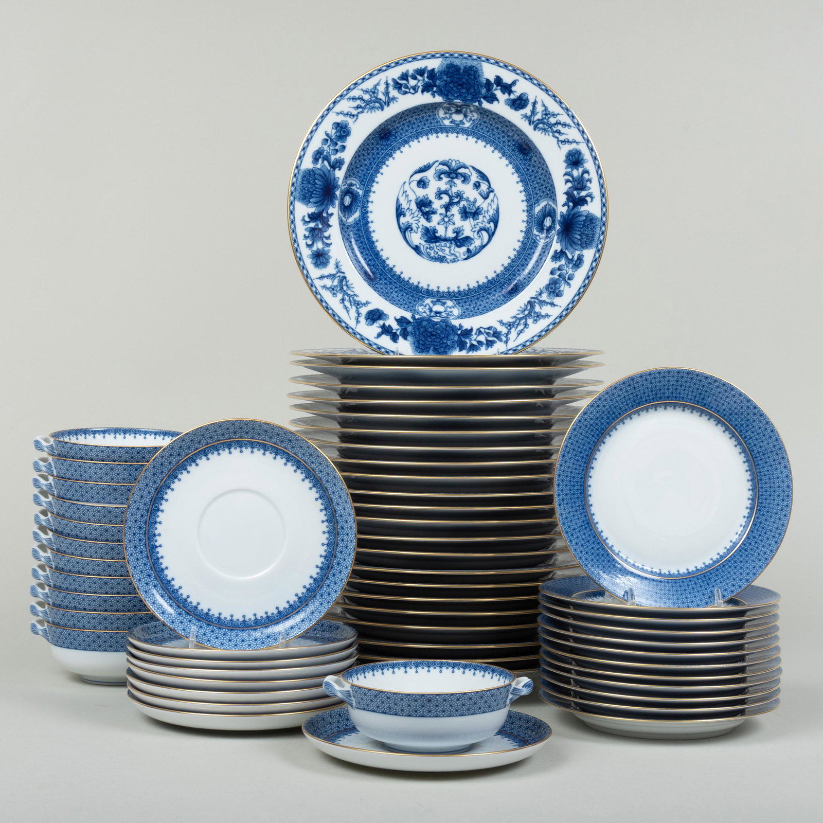 Mottahedeh Porcelain Part Dinner Service in the: Mottahedeh Porcelain Part Dinner Service in the 'Imperial Blue' Pattern Printed marks. Comprising: