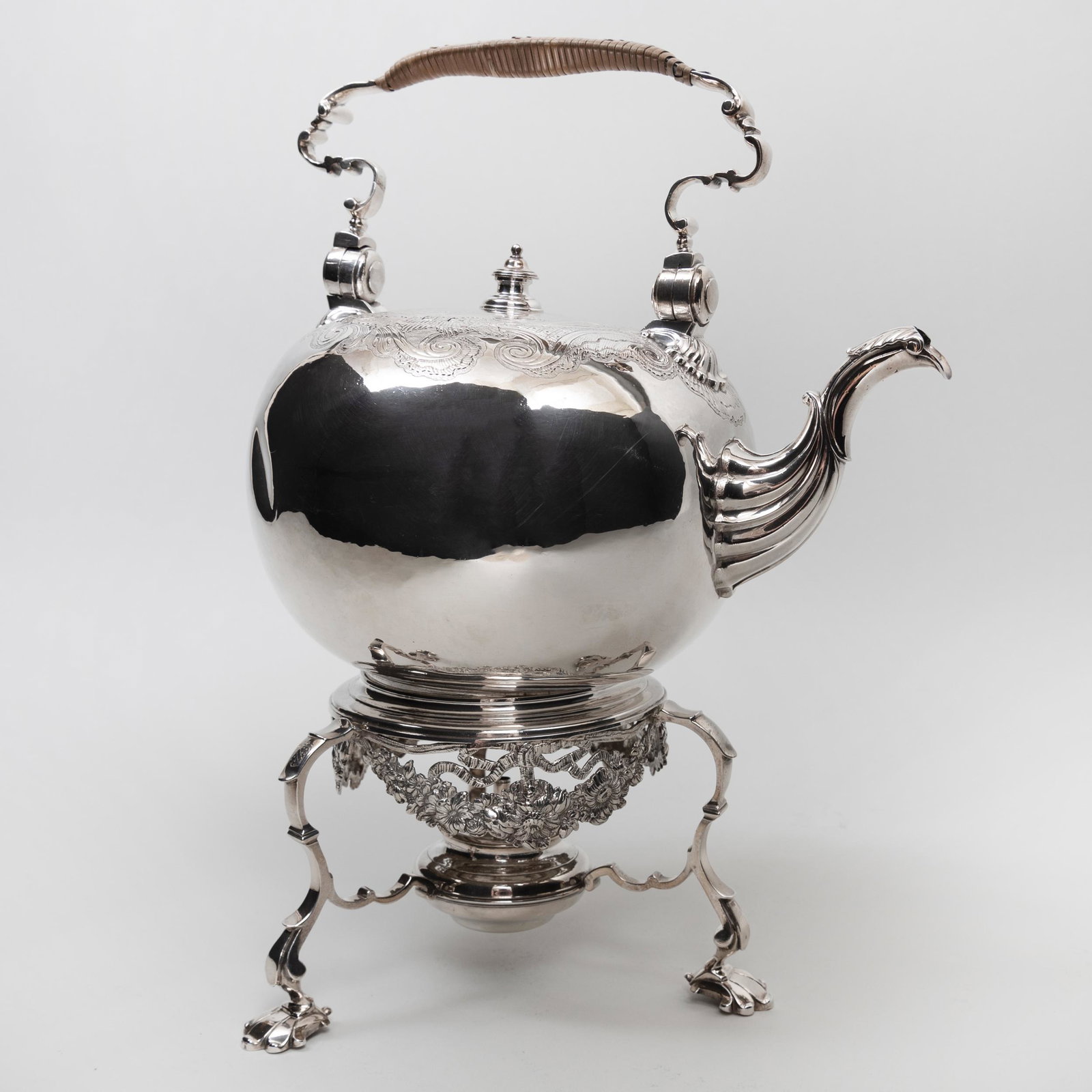 George II Silver Hot Water Kettle on an Associated: George II Silver Hot Water Kettle on an Associated Silver Plate Stand Marked London, 1736, maker's mark 'IF'. 13 1/2 in. high (overall), 43 oz. approx. gross weighable.