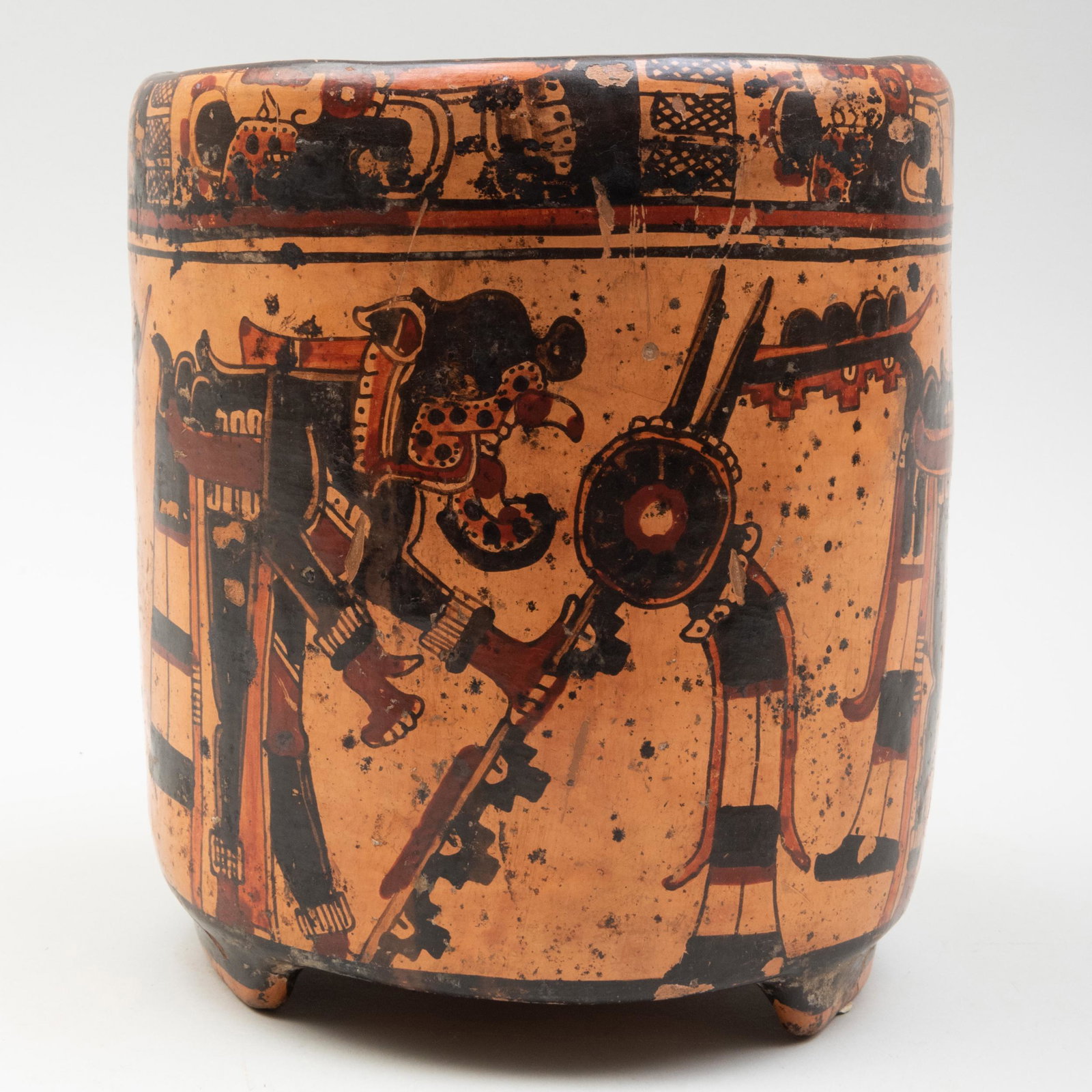 Mayan Polychrome Pottery Tripod Cylindrical Vessel: Mayan Polychrome Pottery Tripod Cylindrical Vessel 8 1/4 x 7 1/8 in. diam. Property From the Estate of Thomas A. Cox Sold Doyle, NY, October 13, 1998, Lot 96.