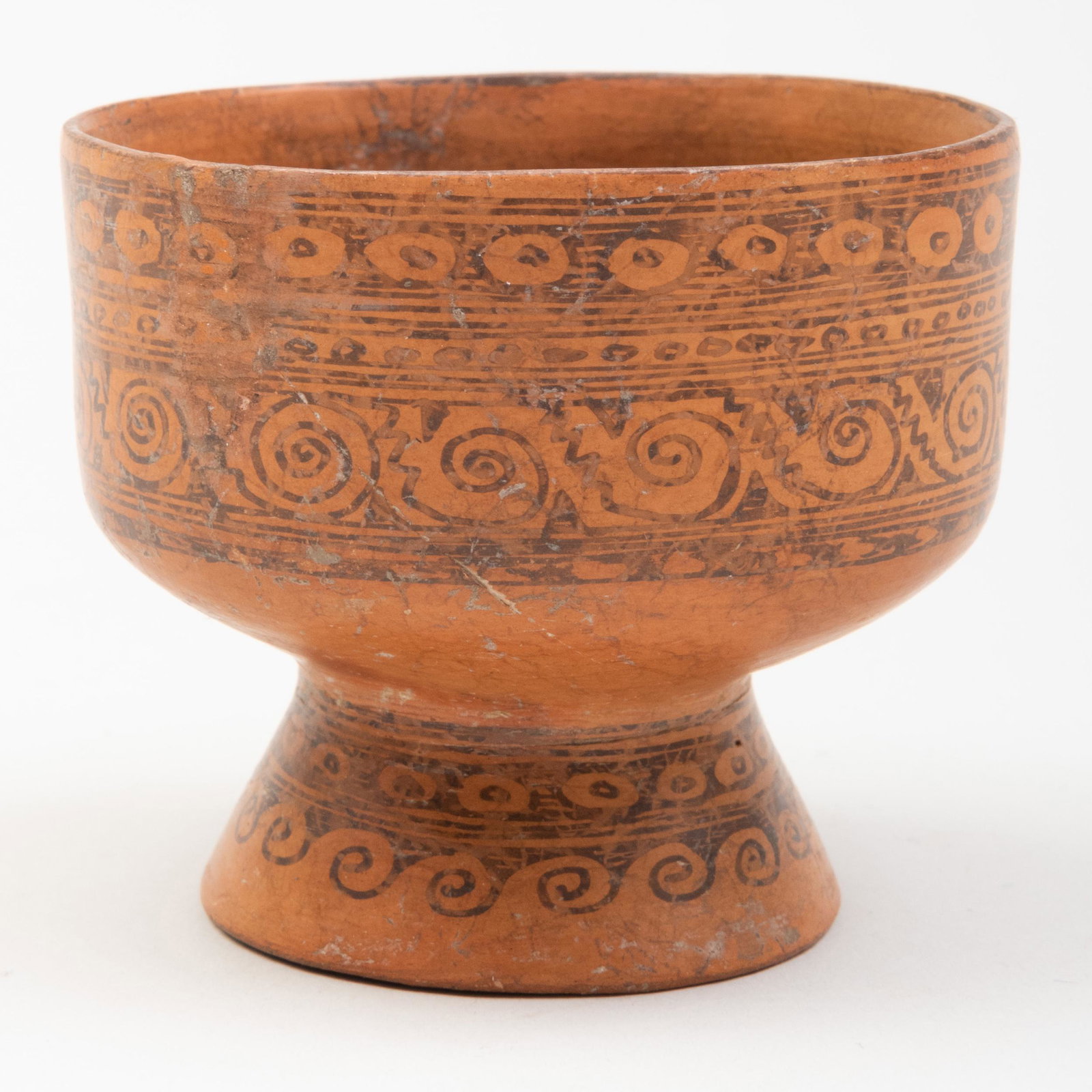 Mixtec Slip Decorated Terracotta Stemmed Cup, Mexico: Mixtec Slip Decorated Terracotta Stemmed Cup, Mexico 2 3/8 x 2 3/4 in. diam. Property from the Collection of Tom Swope, Hudson, NY Sold Stair Galleries, Patti Cadby Birch Trust , June 22, 2008, Lot 15