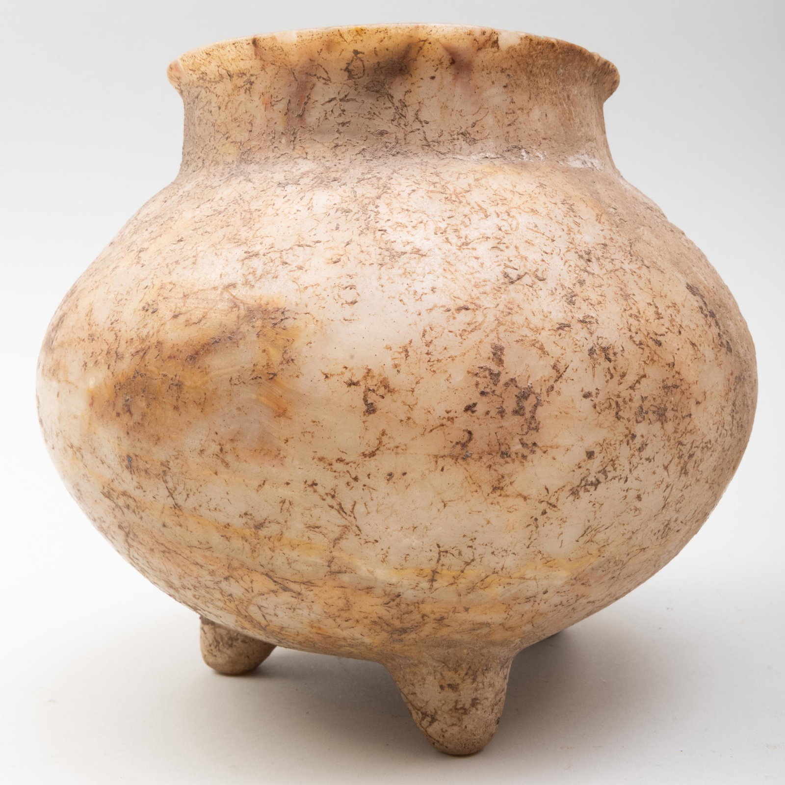 Mixtec Carved Alabaster Tripod Vessel: Mixtec Carved Alabaster Tripod Vessel 7 1/2 x 7 in. diam.