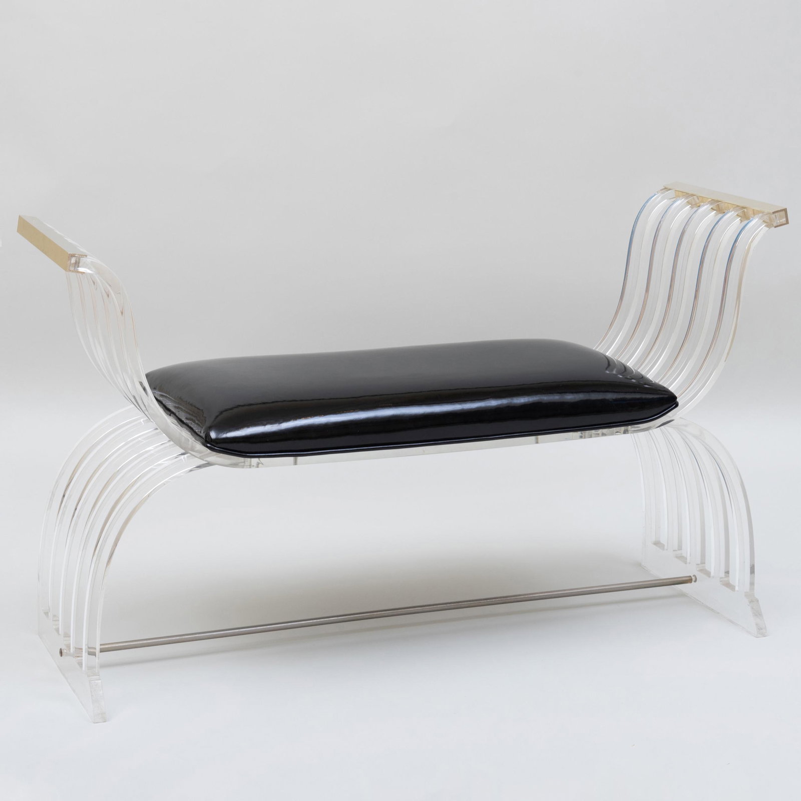 Modern Chrome-Mounted Lucite and Black Patent Leather: Modern Chrome-Mounted Lucite and Black Patent Leather Bench 26 x 43 1/2 x 15 1/2 in.
