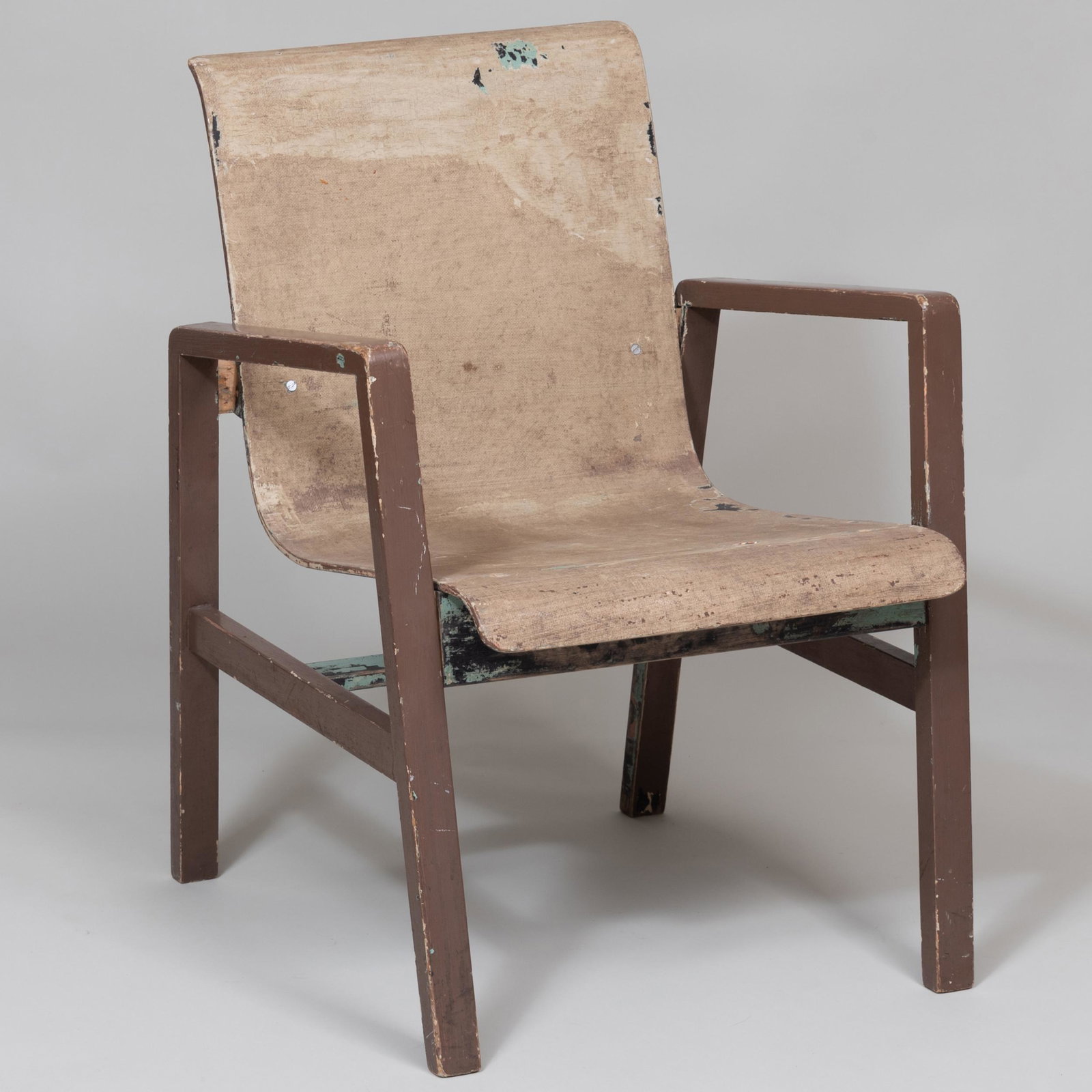 Early Alvar Aalto Painted Birch and Linen Armchair: Early Alvar Aalto Painted Birch and Linen Armchair 30 1/2 x 22 x 24 1/2 in. Note: Designed for use in the Paimio Sanitorium (stenciled ward number II to underside), 1931-32.