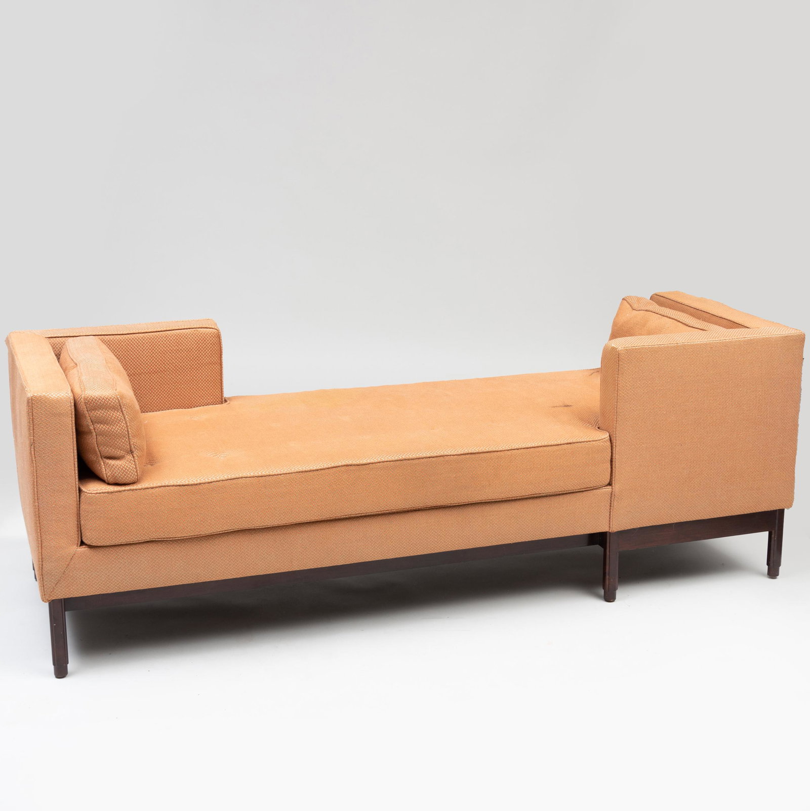 Stained Wood and Upholstered Tête-à-Tête, in the Manner: Stained Wood and Upholstered Tête-à-Tête, in the Manner of Edward Wormley for Dunbar 28 x 6 ft. 8 in. x 30 in.