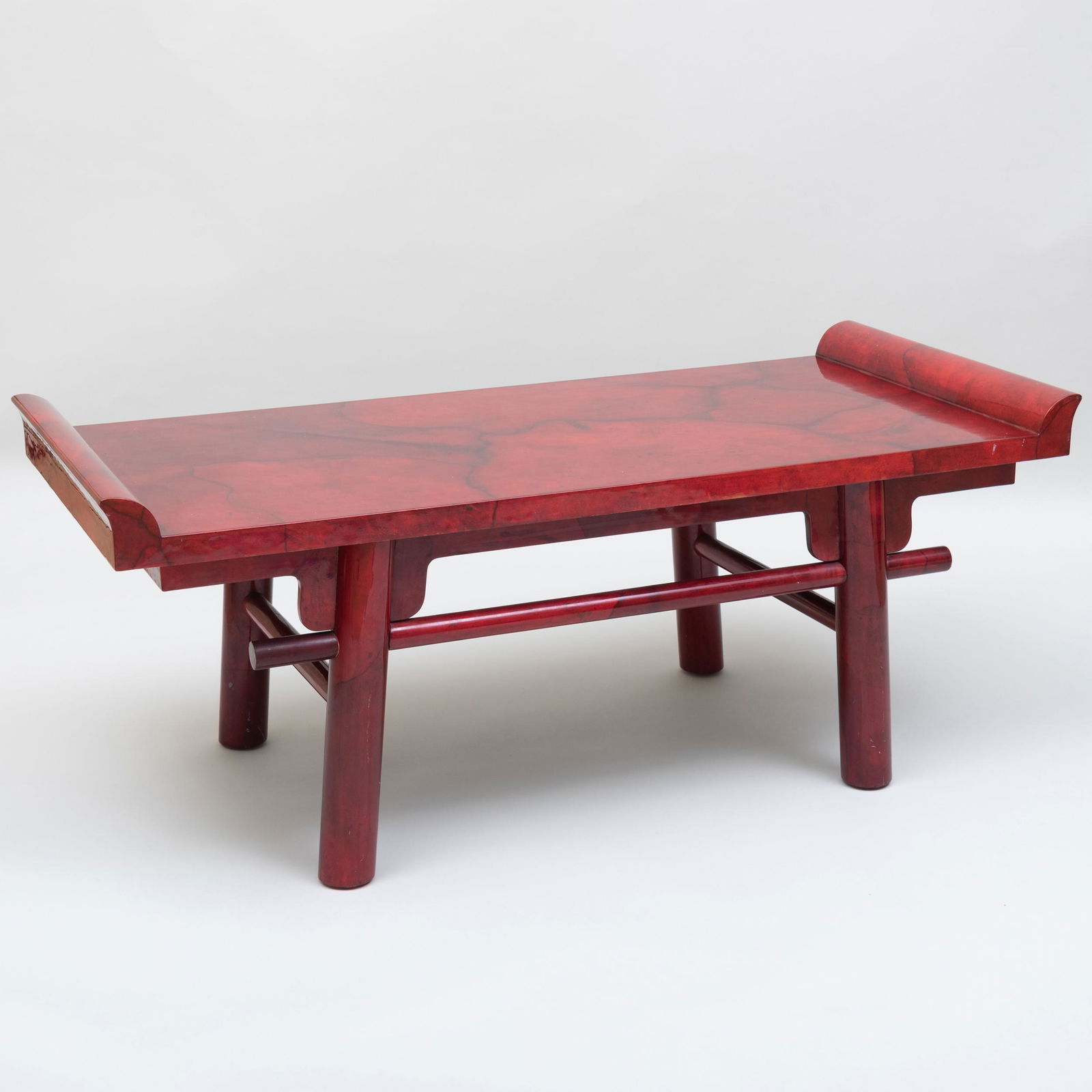 Karl Springer Red Faux Marble Lacquered Goatskin Low: Karl Springer Red Faux Marble Lacquered Goatskin Low Table 22 1/2 x 4 ft. 7 in. x 24 in. Note: This table has been vetted by the Springer expert.