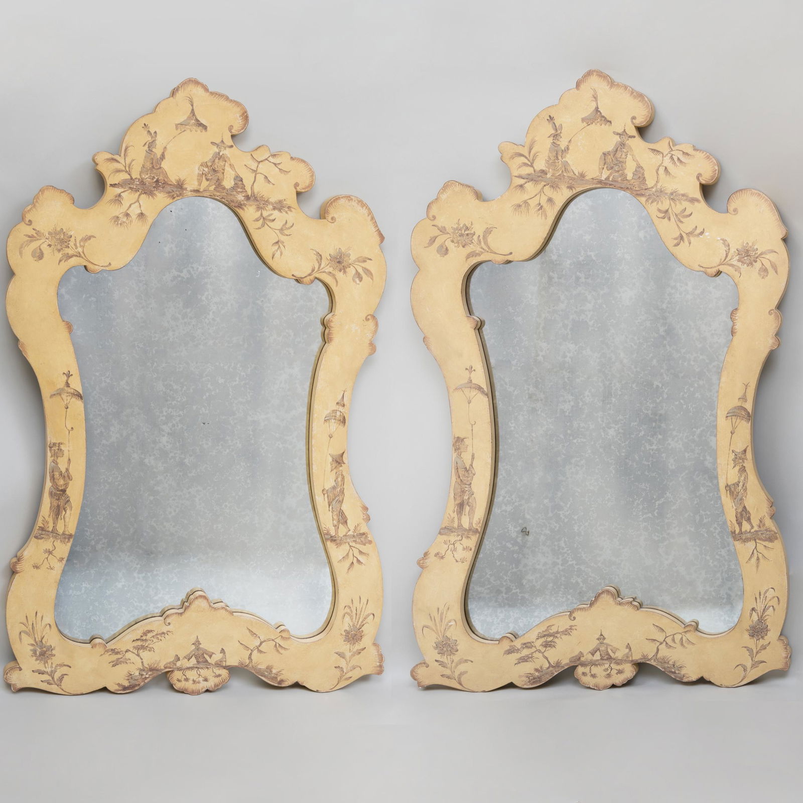 Pair of La Barge Painted Chinoiserie Decorated Mirrors: Pair of La Barge Painted Chinoiserie Decorated Mirrors 4 ft 8 1/2 x 37 in.