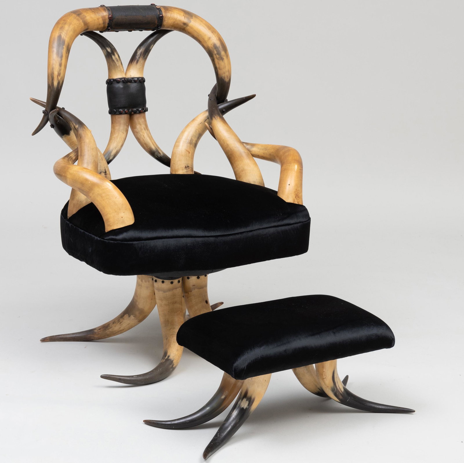Edwardian W.R. Griffin Horn Chair and Footstool: Edwardian W.R. Griffin Horn Chair and Footstool Upholstered in Ralph Lauren Velvet Marked 'Man'fed by W.R. Griffin, 412 Chicago, St., Buffalo, NY'. Chair 36 1/2 x 28 x 22 in.