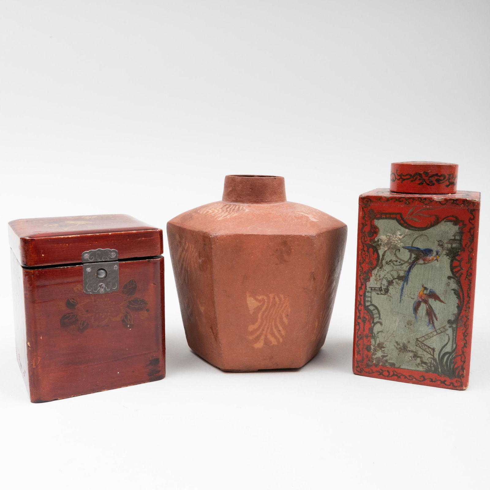Chinese Red Lacquer Tea Caddy, Redware Tea Caddy and a (1 of 10)