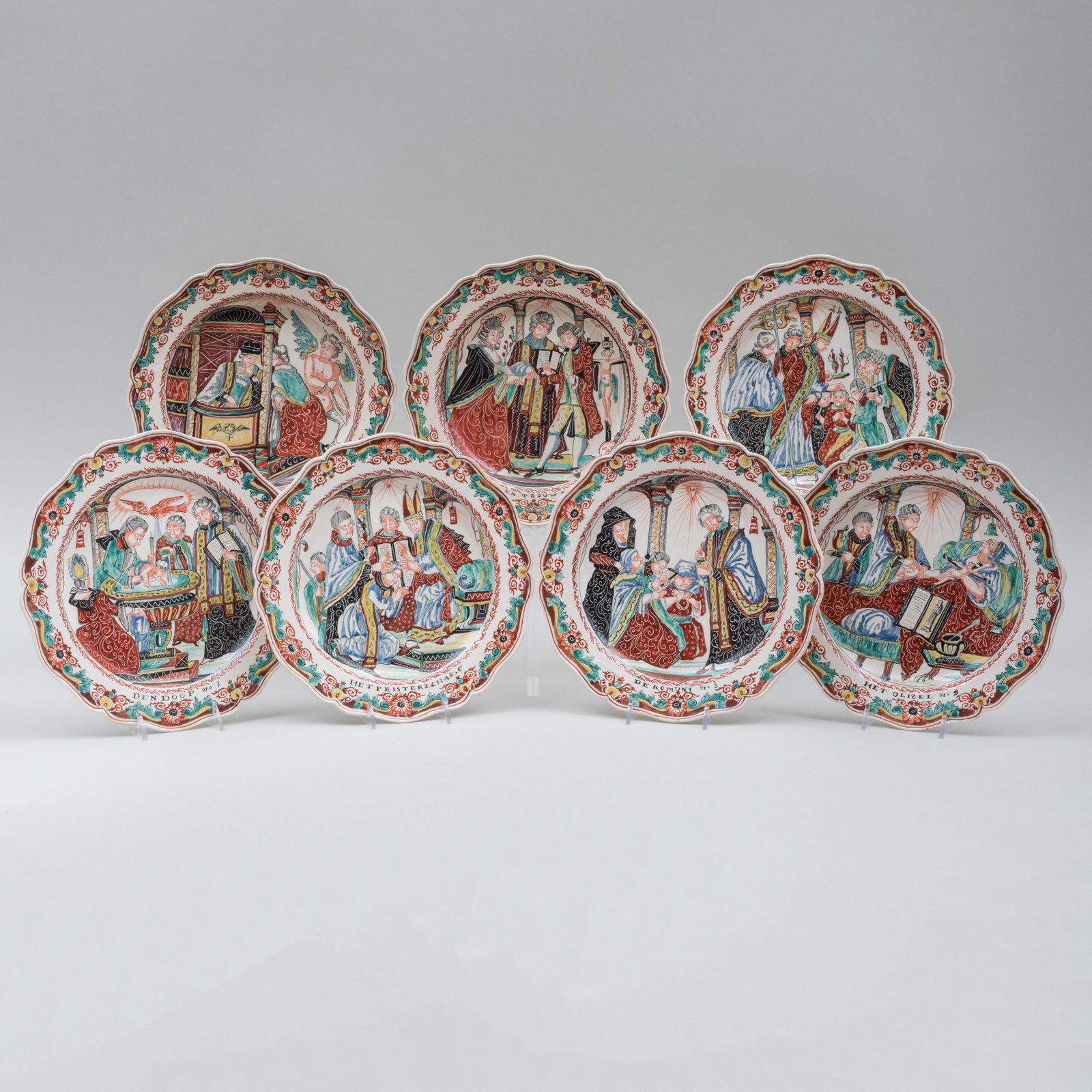 Seven Turner Creamware Dutch Decorated Biblical Subject: Seven Turner Creamware Dutch Decorated Biblical Subject Plates Impressed mark. 9 3/4 in. diam.