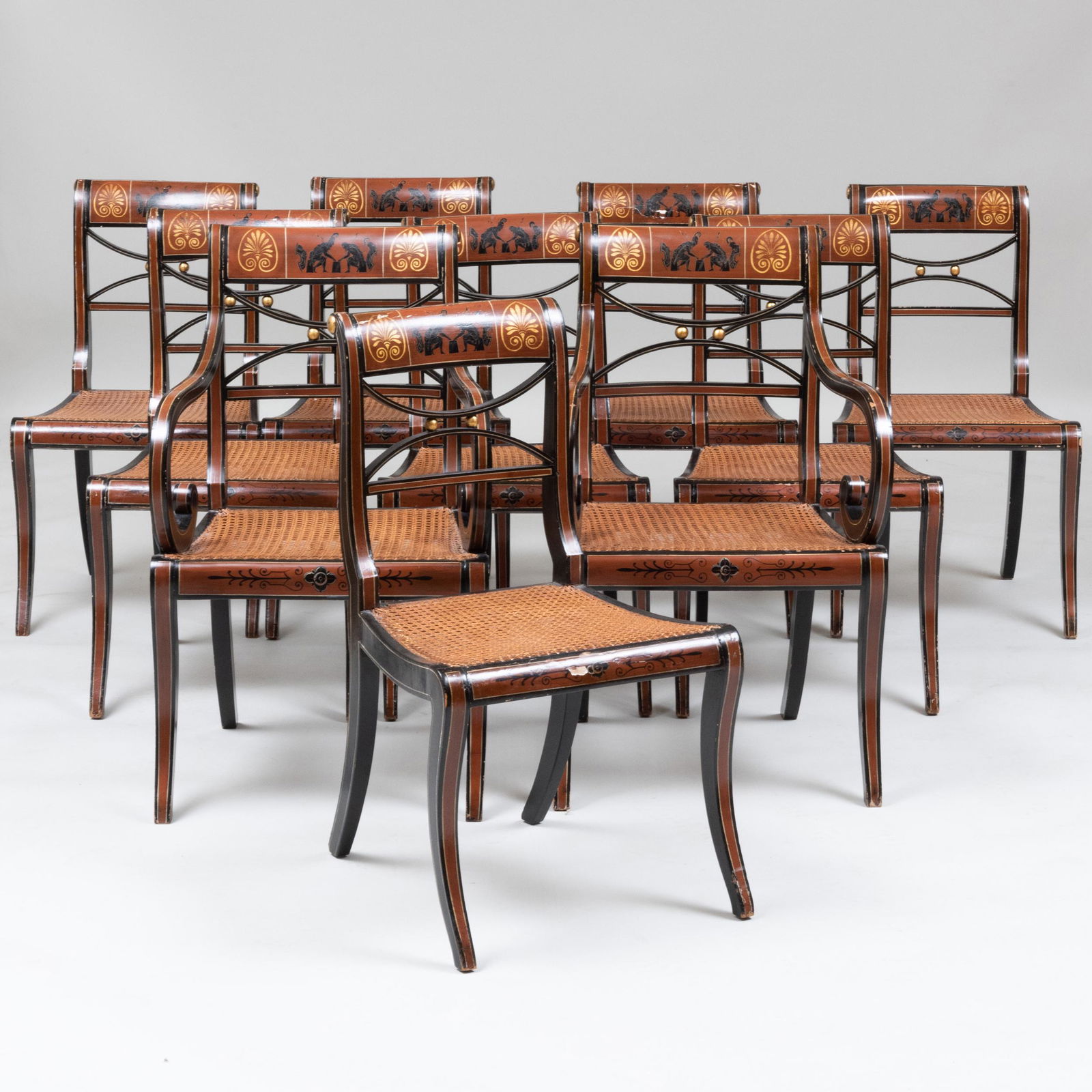 Set of Ten Regency Painted and Caned Dining Chairs, (1 of 10)