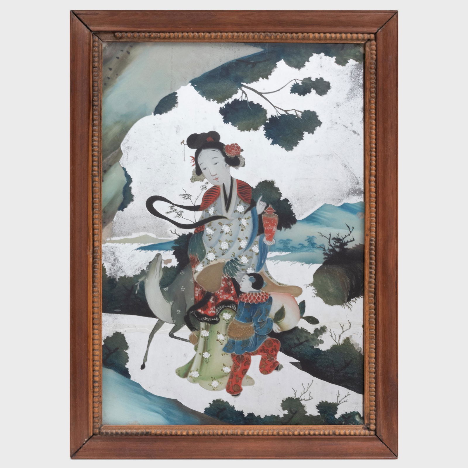 Pair of Chinese Export Reverse Glass Paintings: Pair of Chinese Export Reverse Glass Paintings Each depicting a beauty and auspicious symbols. 22 3/4 x 16 1/2 in. (frame). Steven Assael, June, 1989 Property from the Collection of Gloria and Richard