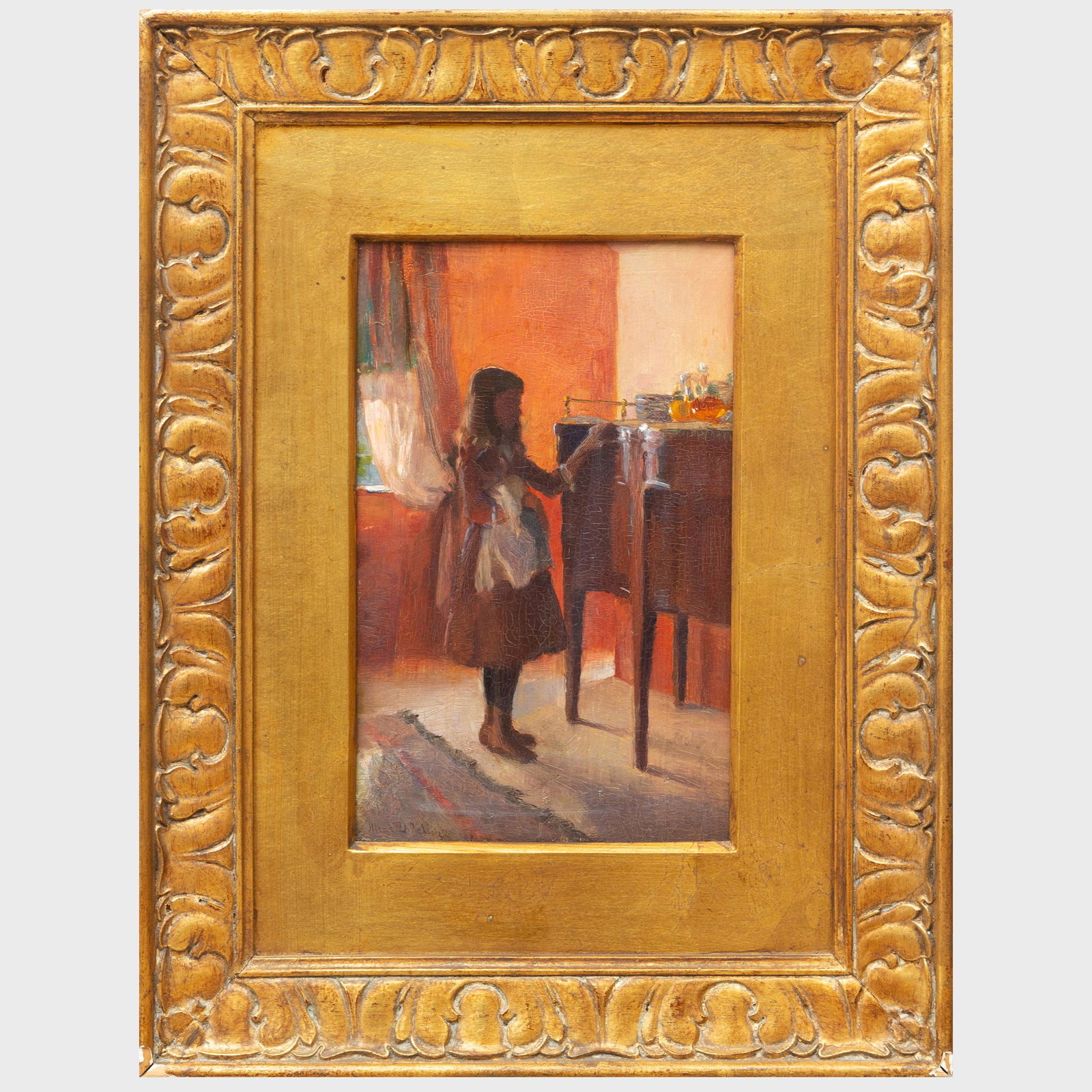 Alice De Wolf Kellogg (1862-1900): Girl at a Sideboard: Alice De Wolf Kellogg (1862-1900): Girl at a Sideboard Oil on paperboard, signed 'Alice Kellogg' and indistinctly dated lower left, with the Alice Kellogg Tyler inkstamp on the reverse. 14 1/4 x 9 3
