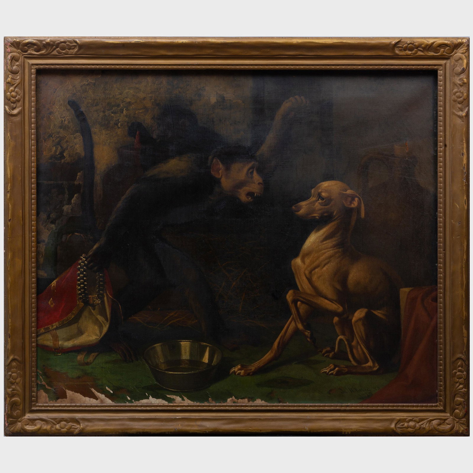 James H. Beard (1812-1893): Monkey Intimidating a: James H. Beard (1812-1893): Monkey Intimidating a Greyhound Oil on canvas, 1878, signed 'James H. Beard' and dated lower right. 25 x 30 in., 29 x 34 in. (frame).