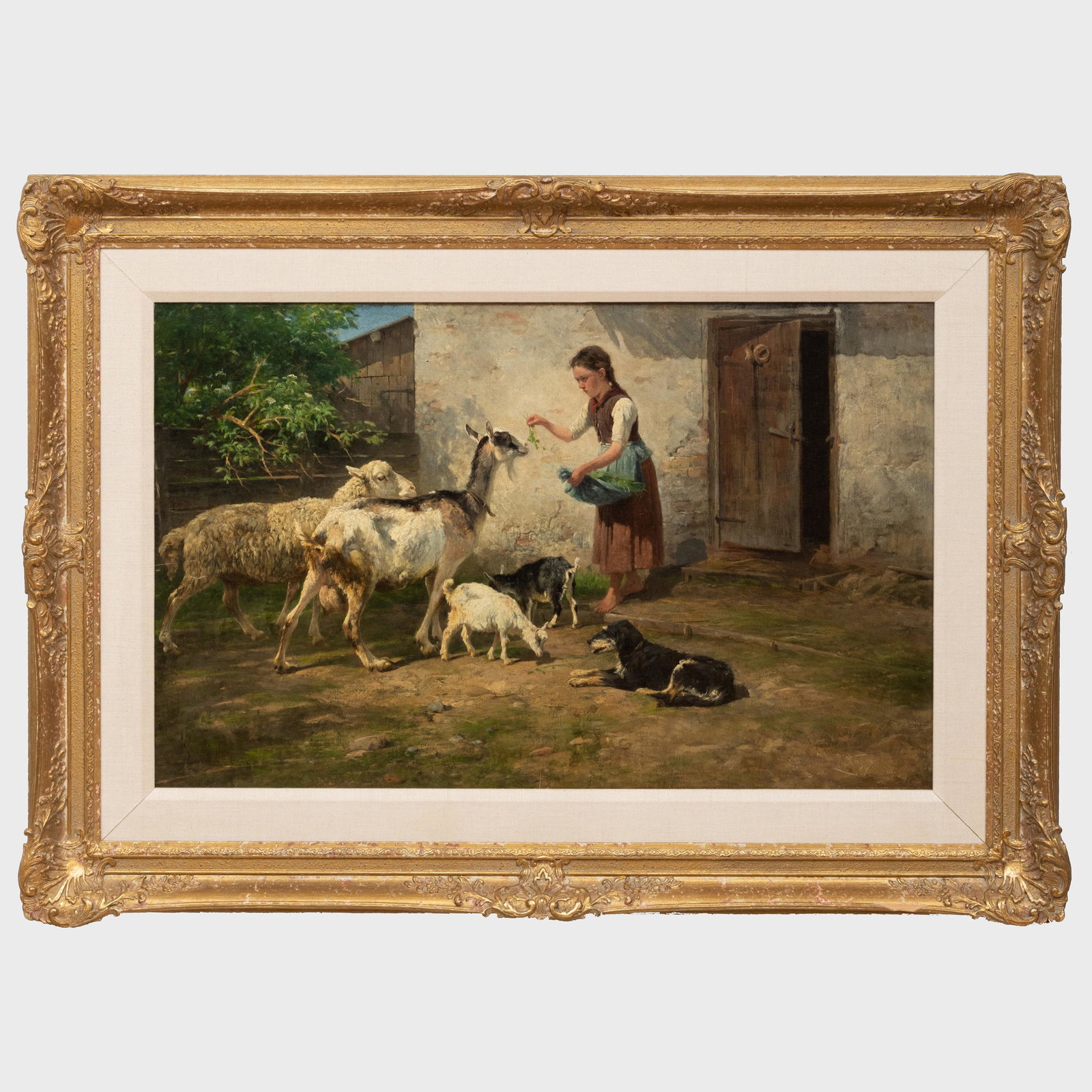 Antonis Matteo Montemezzo (1841-1898): Feeding Time: Antonis Matteo Montemezzo (1841-1898): Feeding Time Oil on canvas, signed 'AM Montemezzo' lower right, lined. 21 x 35 in., 31 1/2 x 43 1/2 in. (frame).