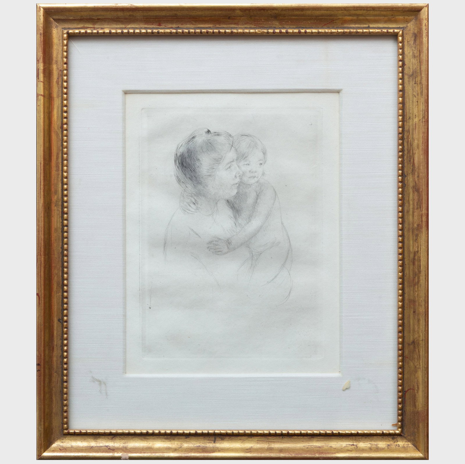 Mary Cassatt (1844-1926): Denise Holding her Child: Mary Cassatt (1844-1926): Denise Holding her Child Etching and drypoint on laid paper, c. 1905. 11 3/4 x 9 1/2 in. (sheet), 14 1/2 x 12 1/2 in. (frame). Note: This image was printed in two states. Lit