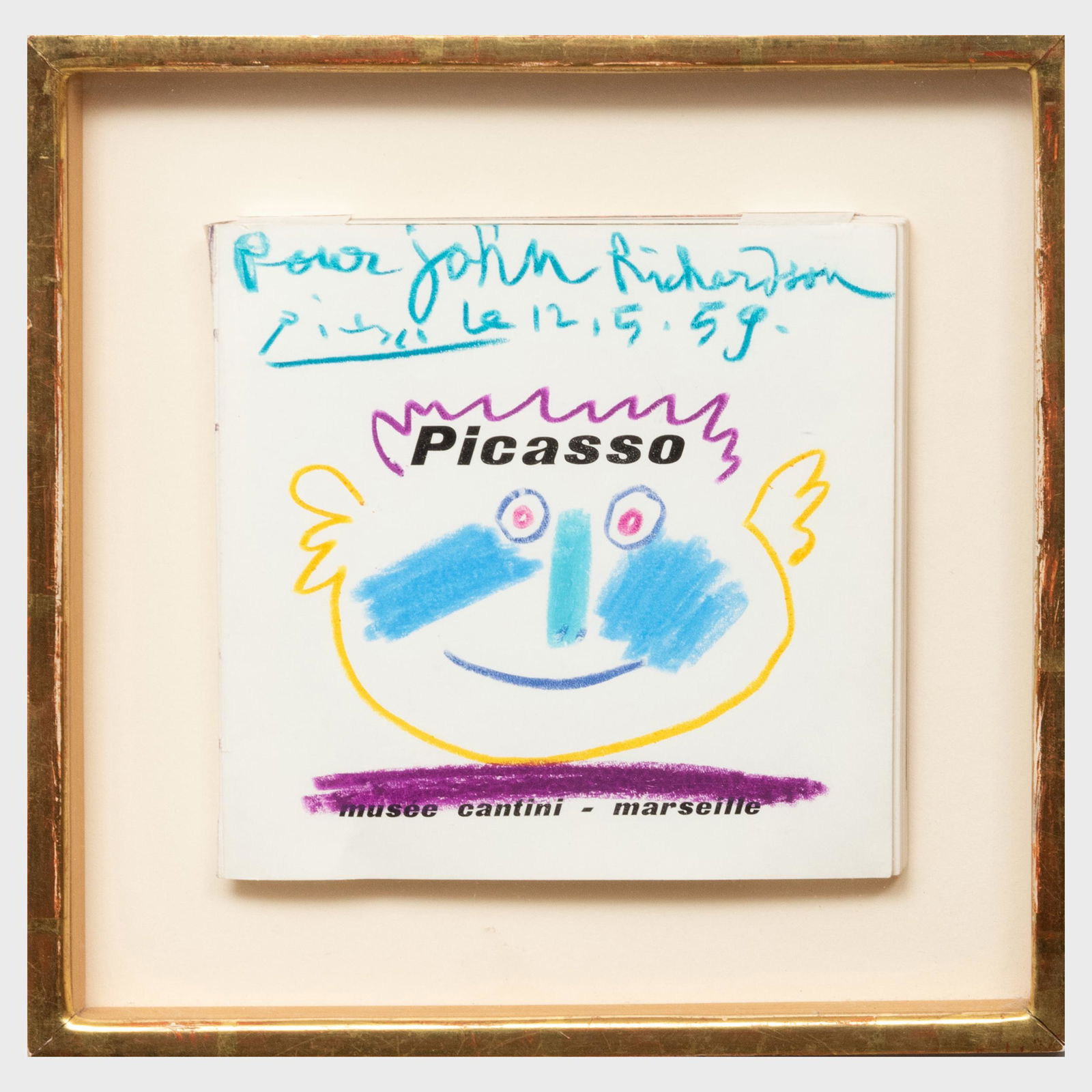 Pablo Picasso (1881-1973): Picasso: Musée Canitini: Pablo Picasso (1881-1973): Picasso: Musée Canitini Marseille Exhibition catalogue with hand-additions, 1959, signed 'Picasso', dated and inscribed 'Pour John Richardson' upper center. 6 1/2 x 6 1/2