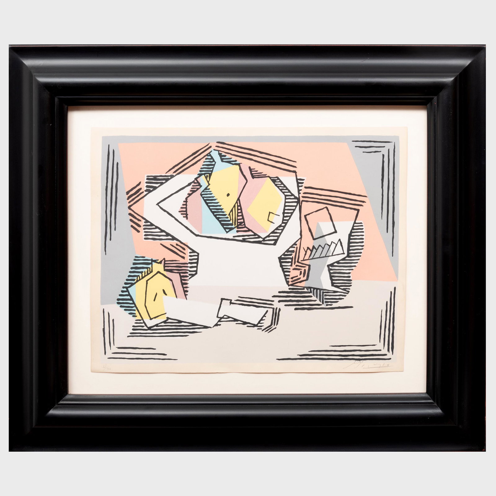 Pablo Picasso (1881-1973): Nature morte aux poires: Pablo Picasso (1881-1973): Nature morte aux poires Pochoir on paper, c. 1925, signed in pencil and numbered 68/100. 11 3/8 x 14 1/2 in. (sheet), 19 x 22 1/4 in. (frame). Gift of Bernard Picasso. John 