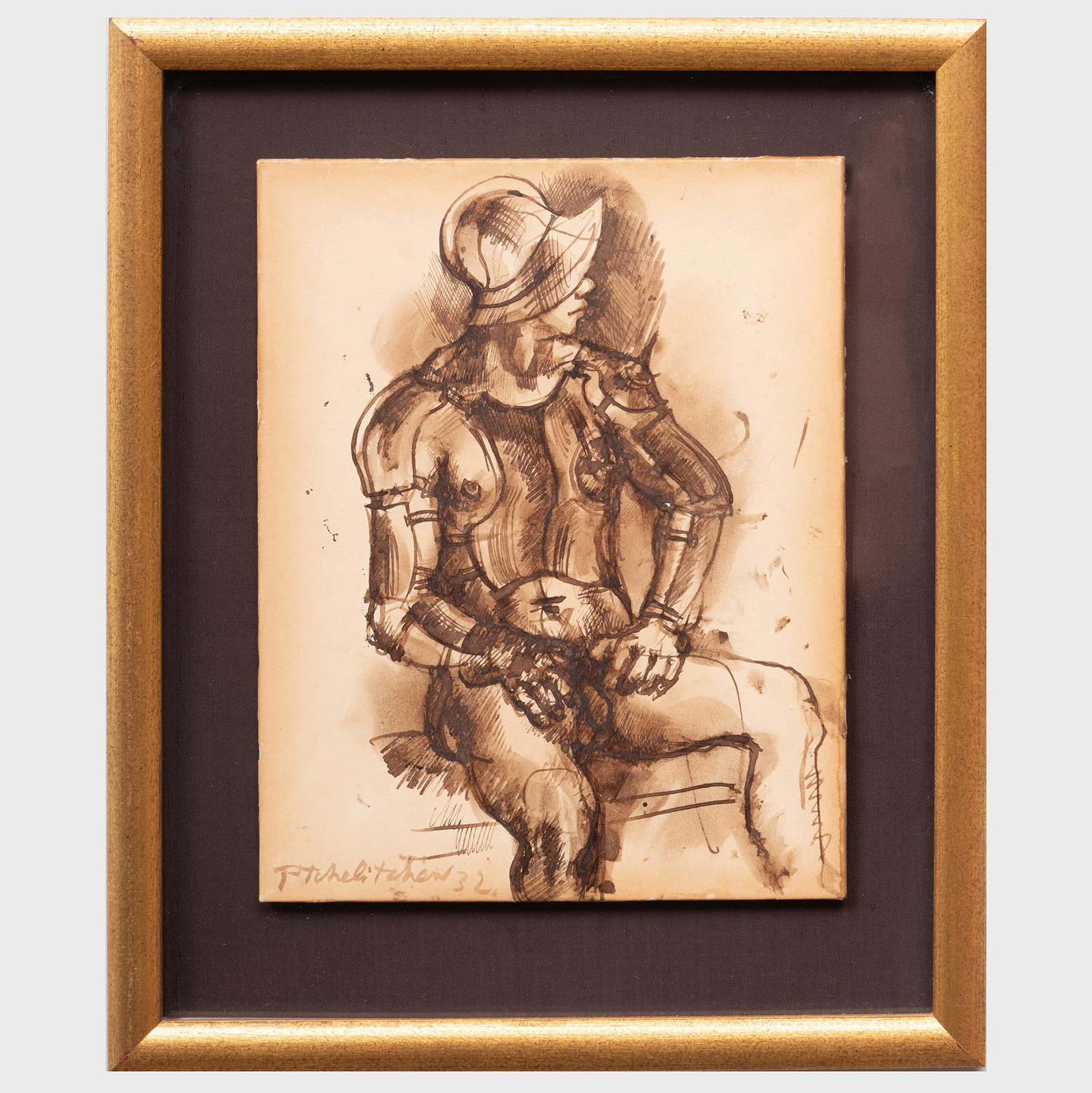 Pavel Tchelitchew (1898-1957): Backstage Figure: Pavel Tchelitchew (1898-1957): Backstage Figure Sepia ink on paper, 1932, signed 'P Tchelitchew' and dated lower left, with label from Linda Hyman Fine Arts, NY. 10 1/2 x 8 1/4 in. (sheet), 14 3/4 x 1