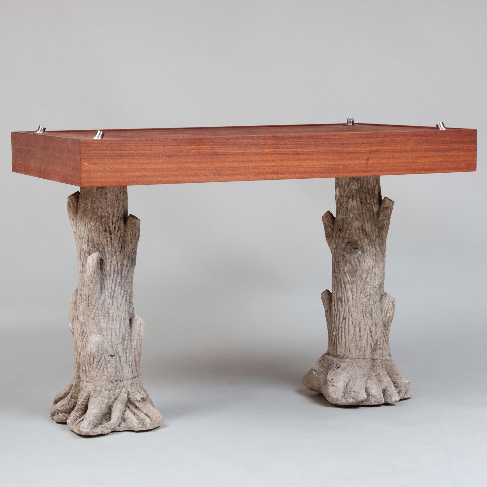 Modern Faux Bois Cast Concrete and Mahogany Center: Modern Faux Bois Cast Concrete and Mahogany Center Table Fitted for electricity. 37 1/2 x 4 ft. 4 in. x 32 in. John Richardson: A Scholar Collects