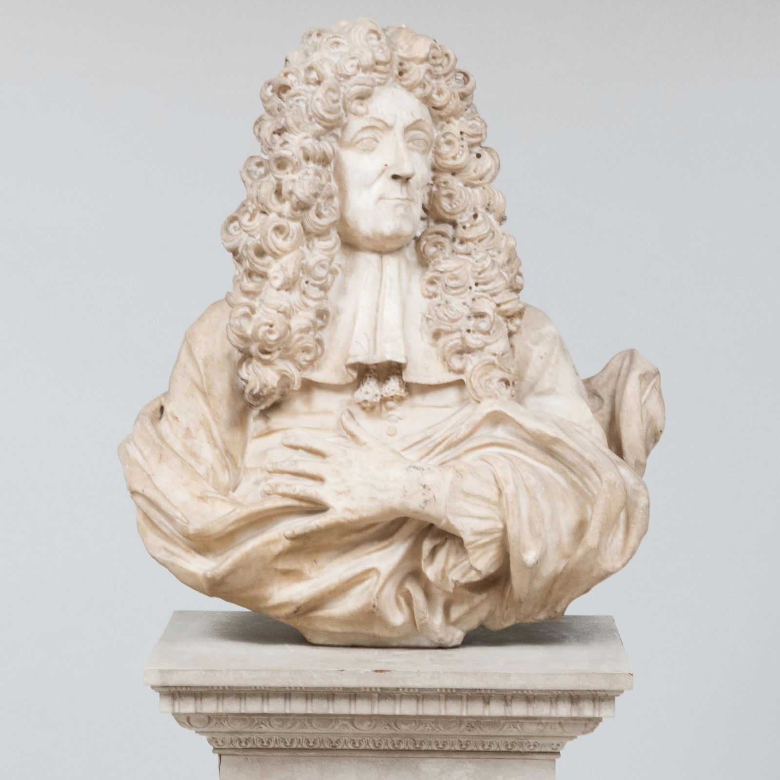 Large North Italian Baroque Marble Bust of a Gentleman,: Large North Italian Baroque Marble Bust of a Gentleman, Possibly Giacomo A. Ponsonelli Label on the back from John Richardson stating the he conferred with the late James Draper of the European sculpt