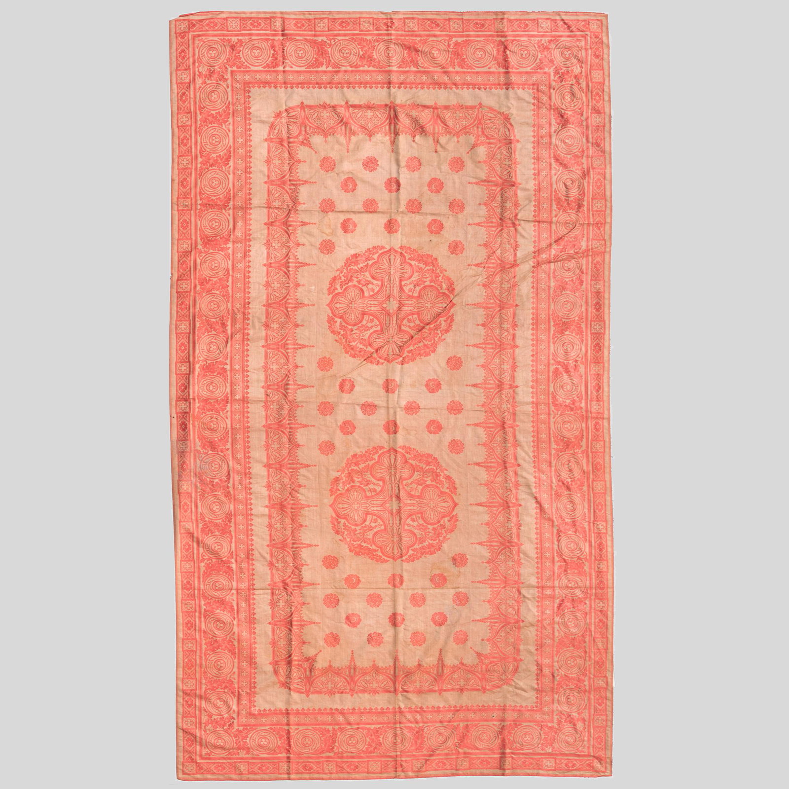 Two Table Coverings: Two Table Coverings Comprising: A rectangular covering An embroidered circular covering The rectangular 14 ft. 7 in. x 7 ft. 10 in., the circular 5 ft. 2 in. diam. (the top), 8 ft 3 in. diam. (the sk