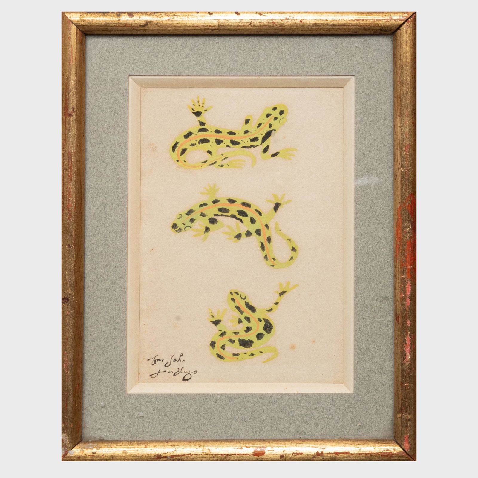 Jean Hugo (1894-1984): Lizards: Jean Hugo (1894-1984): Lizards Pochoir on paper, signed 'Jean Hugo' and inscribed 'Pour John' lower left. 5 1/4 x 3 3/4 in. (sheet), 7 3/4 x 6 1/4 in. (frame). Note: Jean Hugo and his wife, Lauretta, 