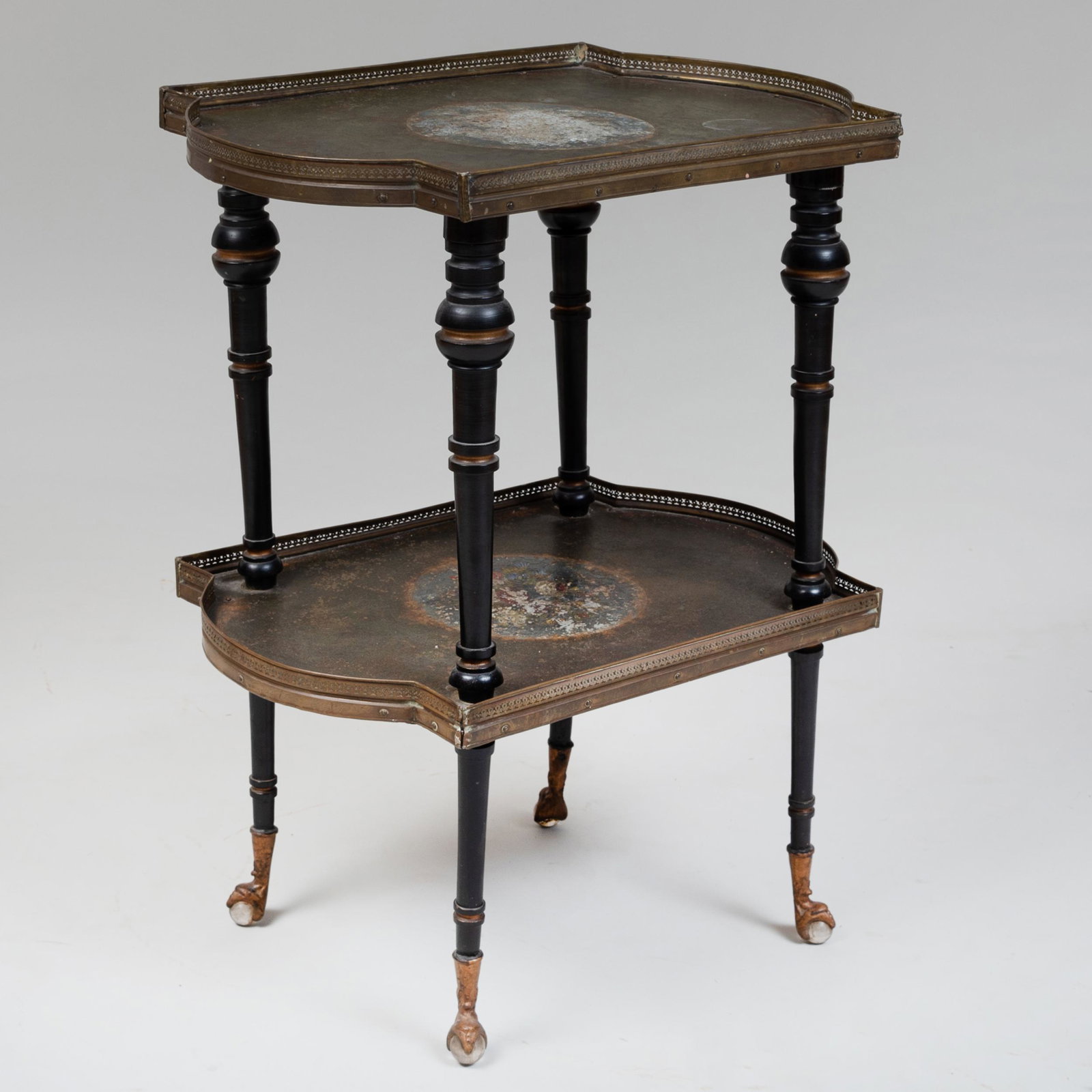 Victorian Brass-Mounted Tôle and Ebonized Two-Tier: Victorian Brass-Mounted Tôle and Ebonized Two-Tier Table Ending on claw and ball feet, with glass balls. 33 x 26 x 18 in. John Richardson: A Scholar Collects