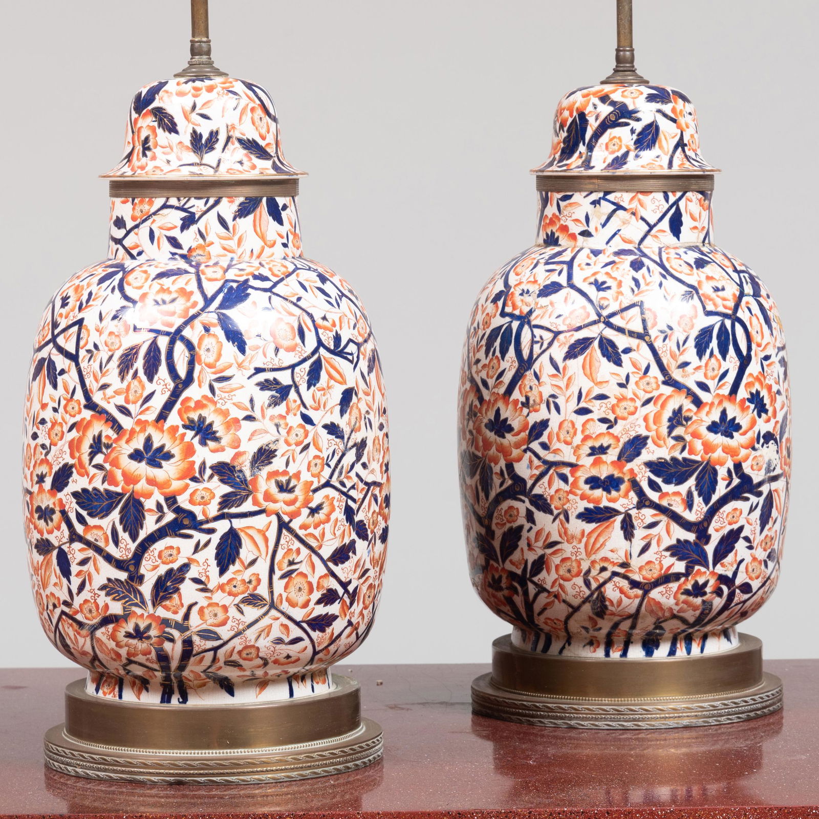 Pair of Imari Style Porcelain Jars and Covers Mounted: Pair of Imari Style Porcelain Jars and Covers Mounted as Lamps 34 in. high (overall). John Richardson: A Scholar Collects
