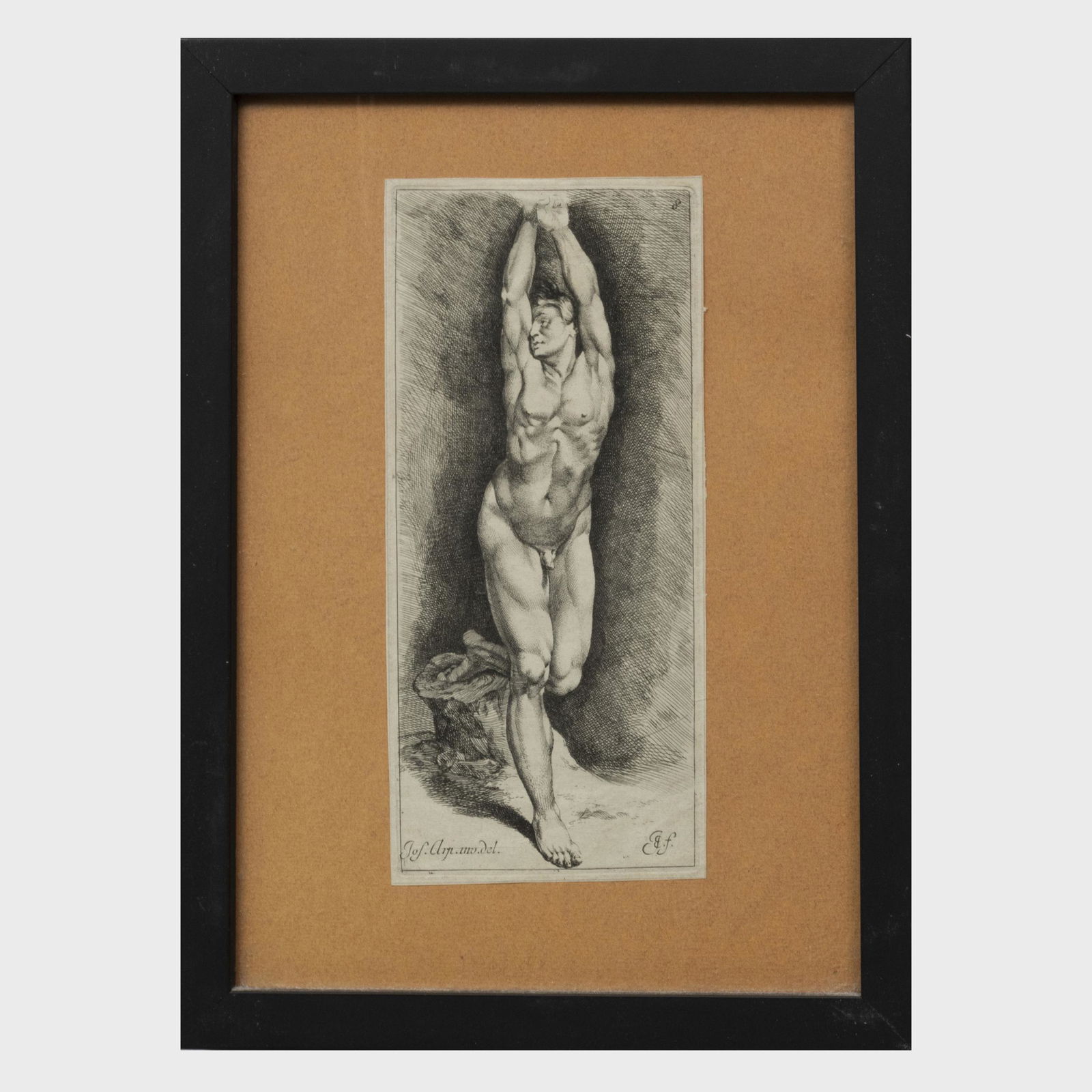 Jan de Bisschop (c. 1628-1671): Male Nude with Arms: Jan de Bisschop (c. 1628-1671): Male Nude with Arms Raised Engraving in black on laid paper; together with Jan Luyken (1649-1712): Punishment, engraving on laid paper with partial text at top. 9 1/2