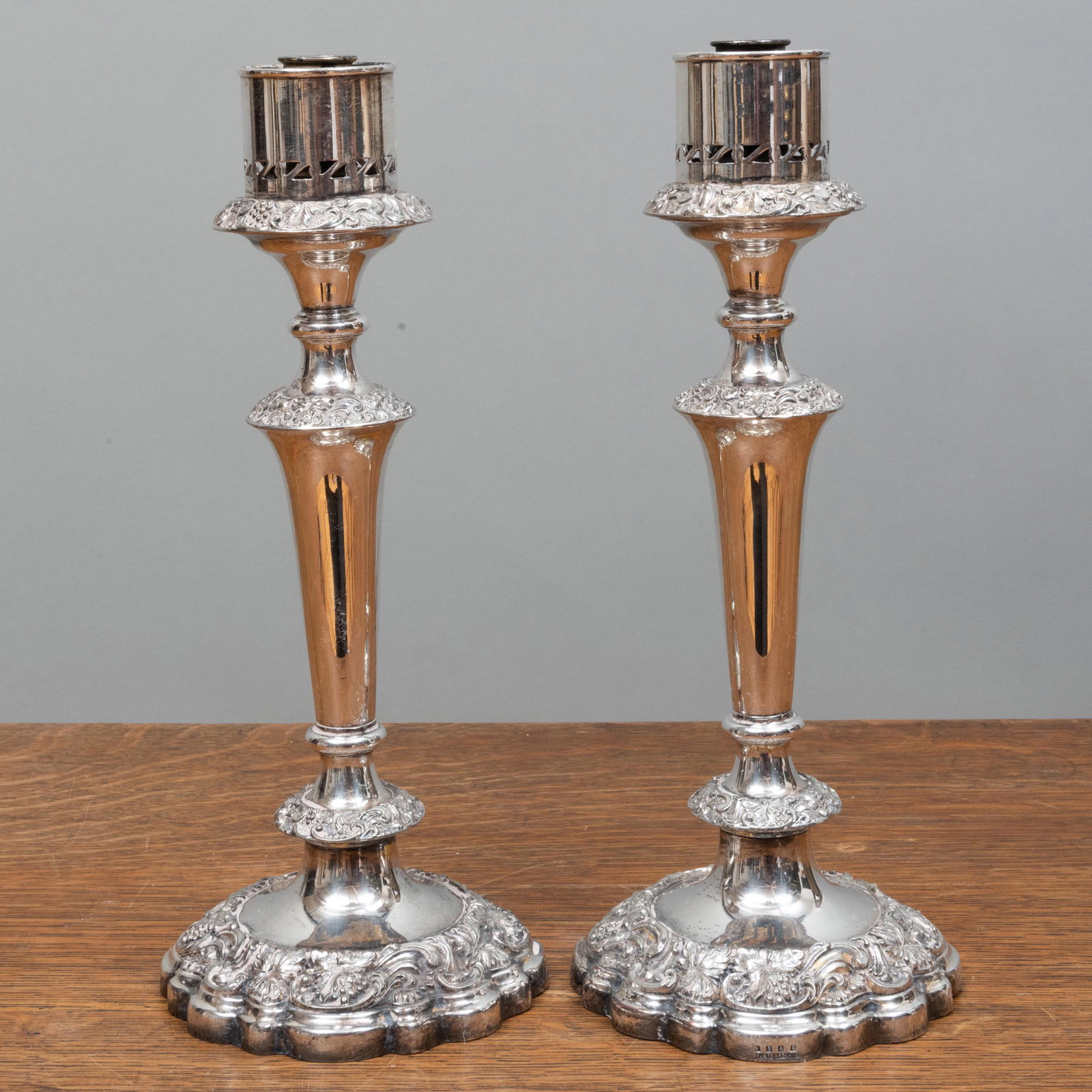 Pair of English Silver Plate Photophore Bases: Pair of English Silver Plate Photophore Bases 12 3/4 x 5 1/2 in. diam., weighted. John Richardson: A Scholar Collects