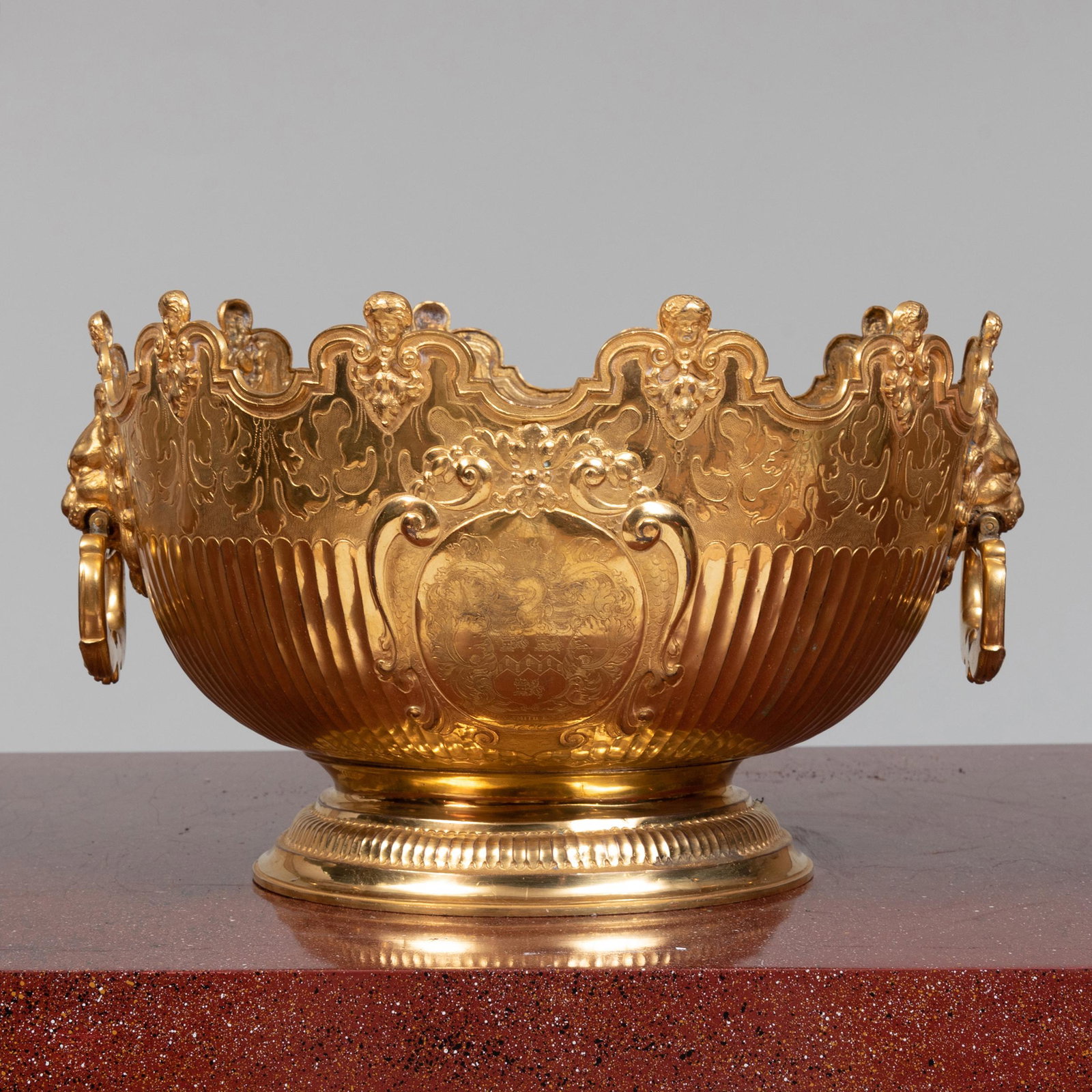 George III Style Gilt-Metal Two Handle Monteith: George III Style Gilt-Metal Two Handle Monteith Indistinctly marked, inscribed 'James Church gave towards this plate 100 ounces' along the base. 10 x 16 in. diam. John Richardson: A Scholar Collects