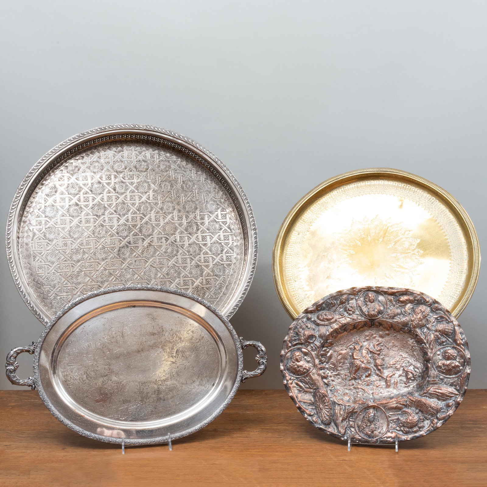 Group of Silver Metal Trays and Tablewares: Group of Silver Metal Trays and Tablewares Comprising: A small presentation tray inscribed 'Cartier Honors the San Francisco Museum of Modern Art, Director's Circle Dinner, Evening with John Richardso
