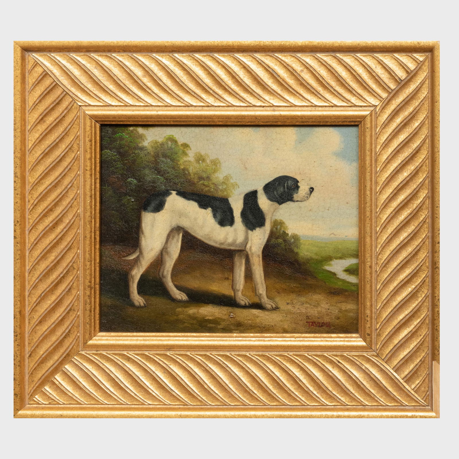 English School: Portrait of a Hound: English School: Portrait of a Hound Oil on canvas, signed 'Taylor' lower right. 8 x 10 in., 13 3/4 x 15 3/4 in. (frame). John Richardson: A Scholar Collects