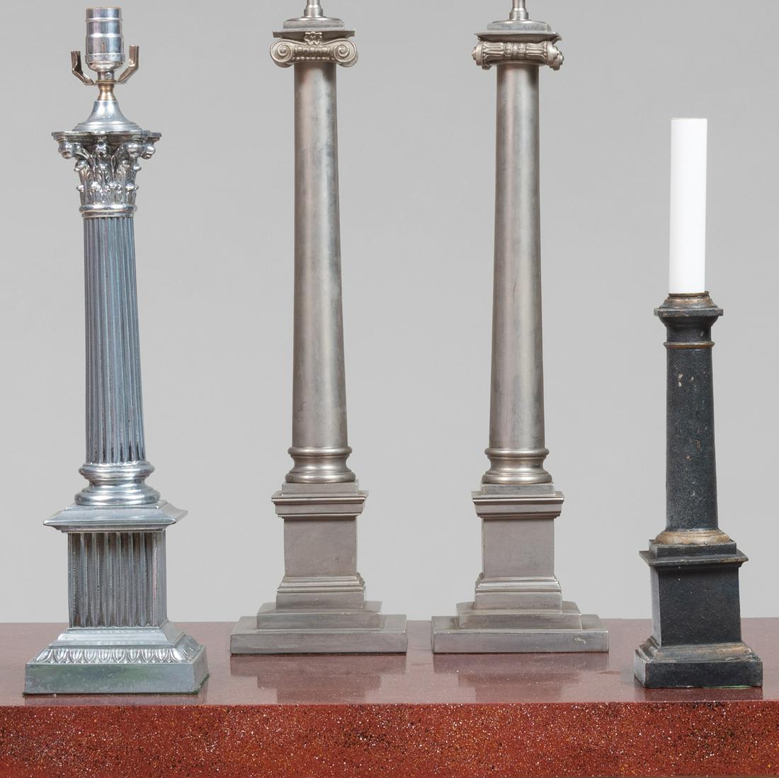 Group of Four Metal Columnar Table Lamps: Group of Four Metal Columnar Table Lamps The tallest 34 1/2 in. (overall). John Richardson: A Scholar Collects