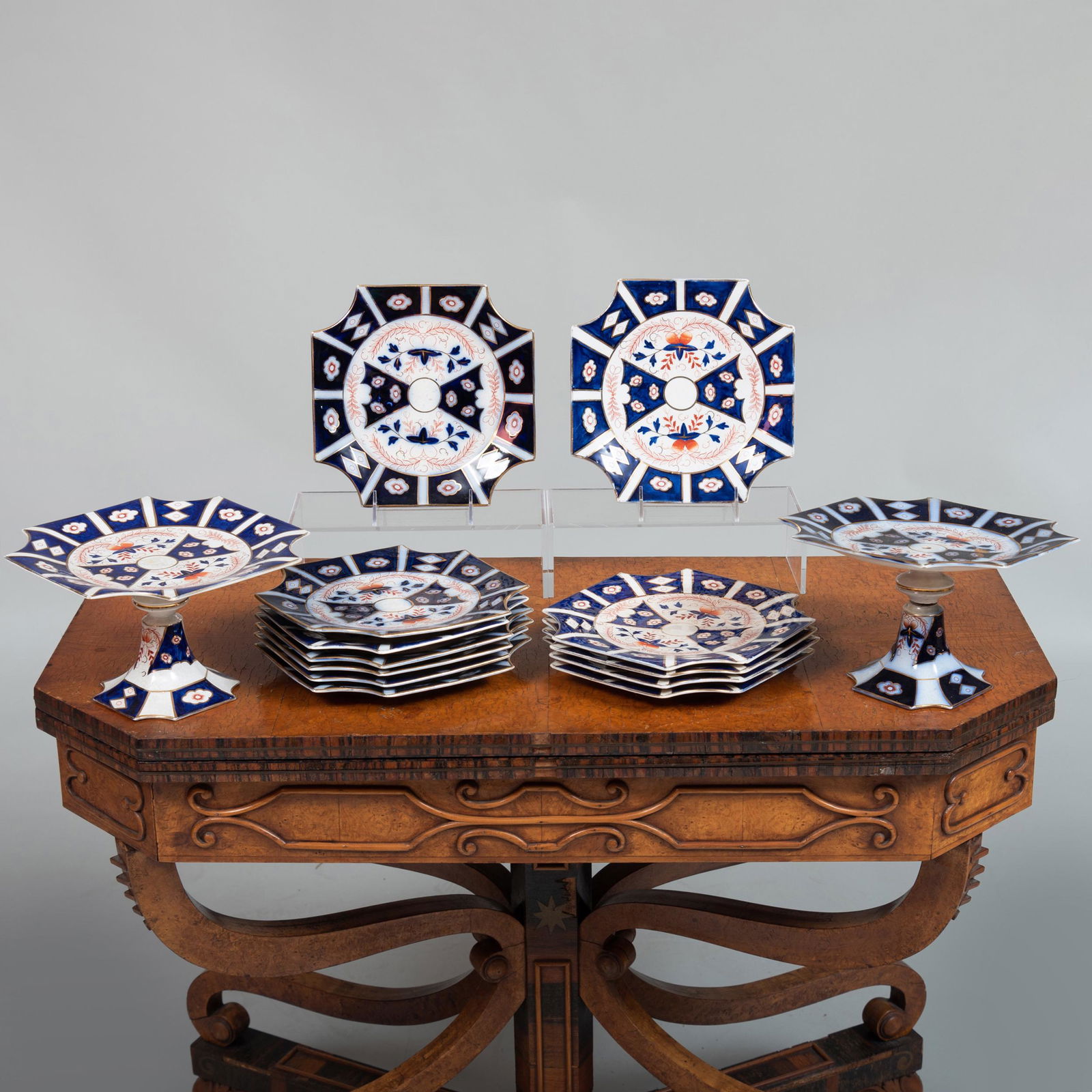 Part English Porcelain 'Imari' Part Dessert Service: Part English Porcelain 'Imari' Part Dessert Service Comprising: Pair of compotes Twelve dessert plates The compotes 5 1/2 x 9 in. diam., (14 pcs). John Richardson: A Scholar Collects