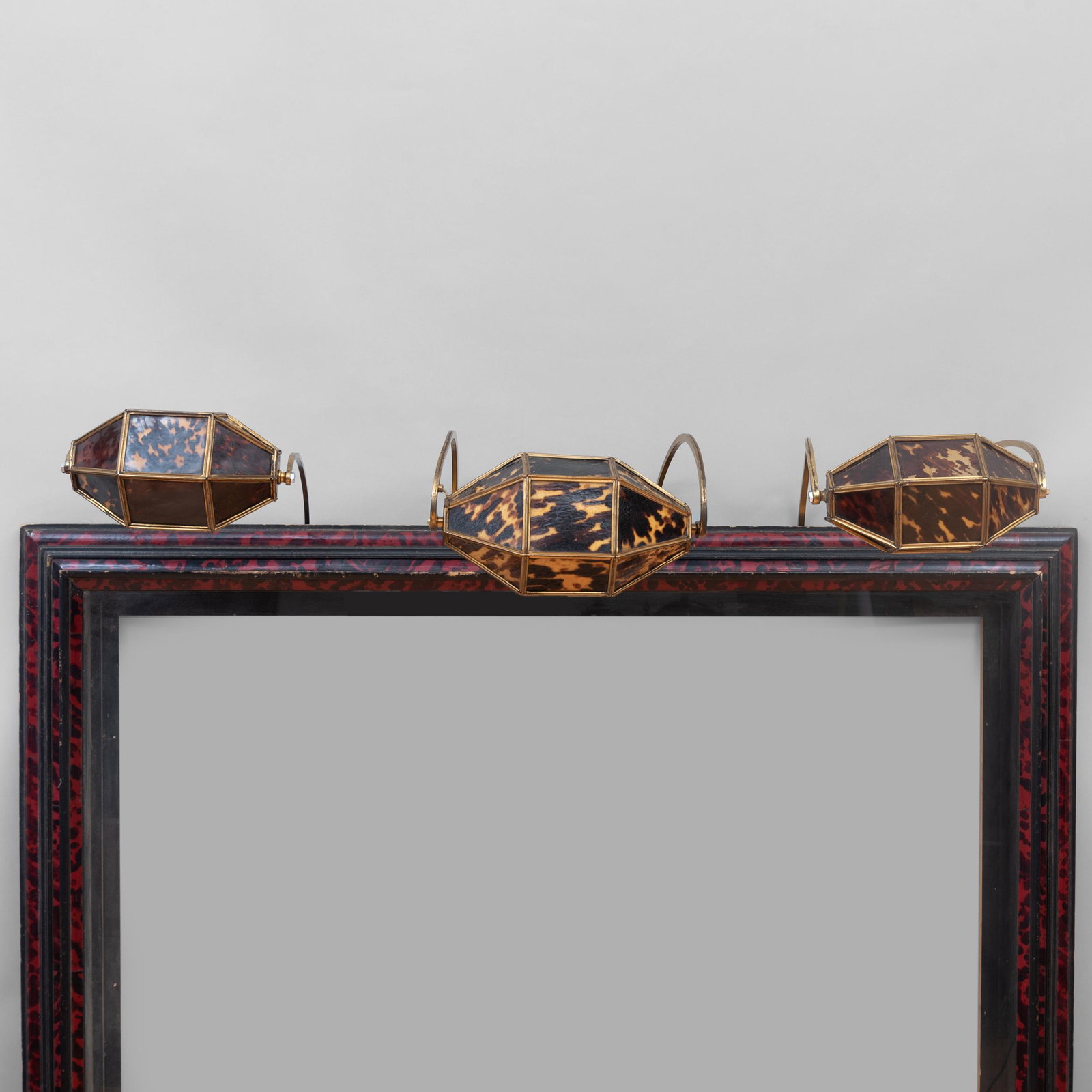 Three Brass-Mounted Faux Tortoiseshell and White Glass: Three Brass-Mounted Faux Tortoiseshell and White Glass Wall Lights 22 x 10 1/2 x 9 in. John Richardson: A Scholar Collects