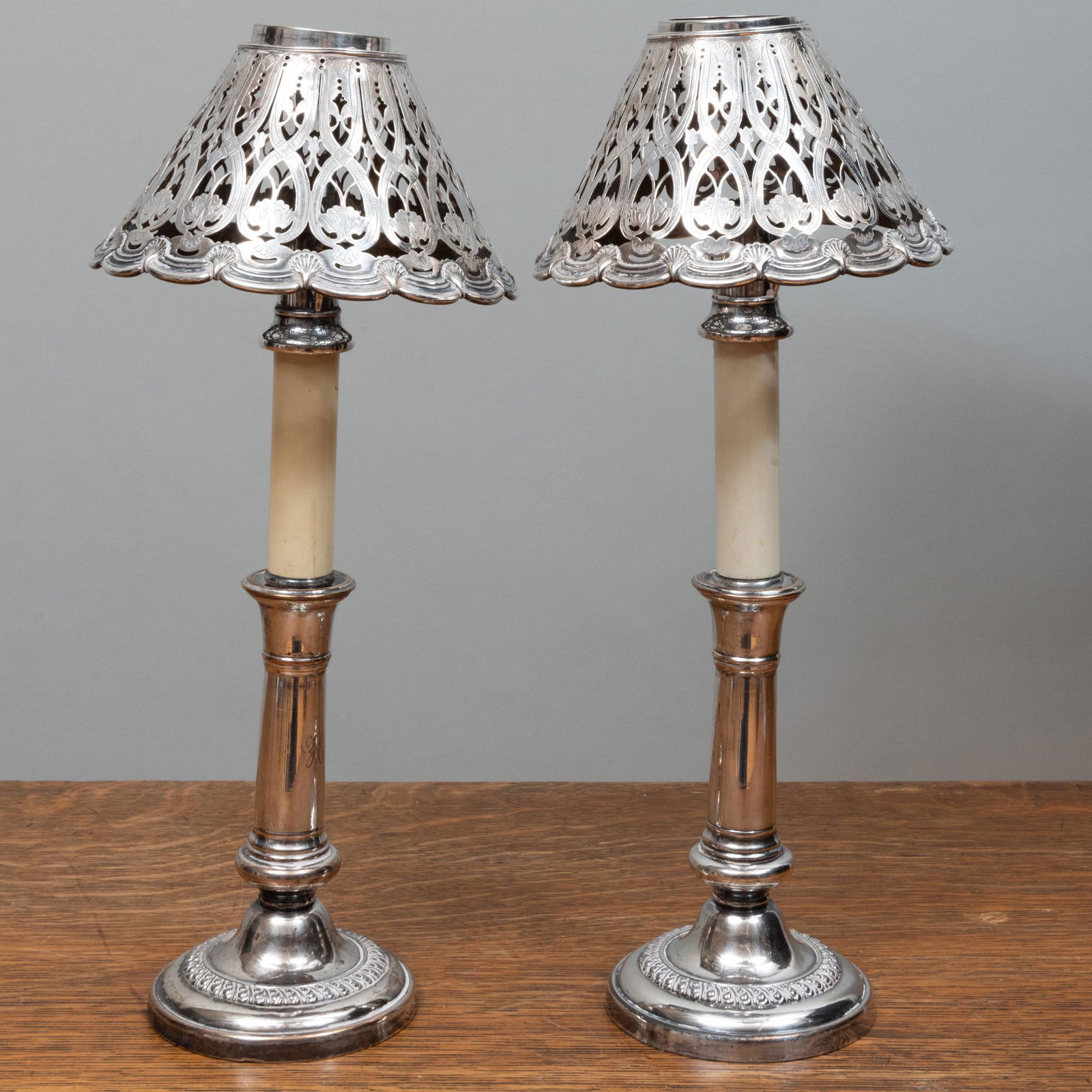 Pair of Silver Plate Candlestick Lamps and a Pair of: Pair of Silver Plate Candlestick Lamps and a Pair of Silver Plate Shades 15 x 6 1/4 in. diam. (overall). John Richardson: A Scholar Collects