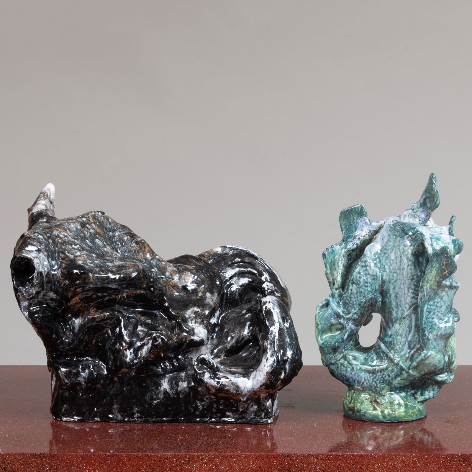 Francis Ceramics: Bull Fish: Francis Ceramics: Bull Fish Two glazed pottery works, signed and dated 'Francis Ceramics, 2014' and inscribed 'For Alexander Hoda', on the underside of the bases. The largest 16 1/2 in. (Height). Joh