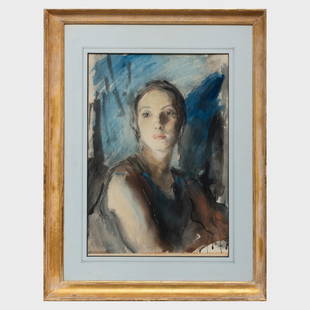 Attributed to Ambrose McEvoy (1879-1927): Portrait of a: Attributed to Ambrose McEvoy (1879-1927): Portrait of a Lady Wearing Earings Watercolor on paper, unsigned. 22 1/4 x 15 1/2 in. (sheet), 28 1/2 x 22 in. (frame). John Richardson: A Scholar Collects