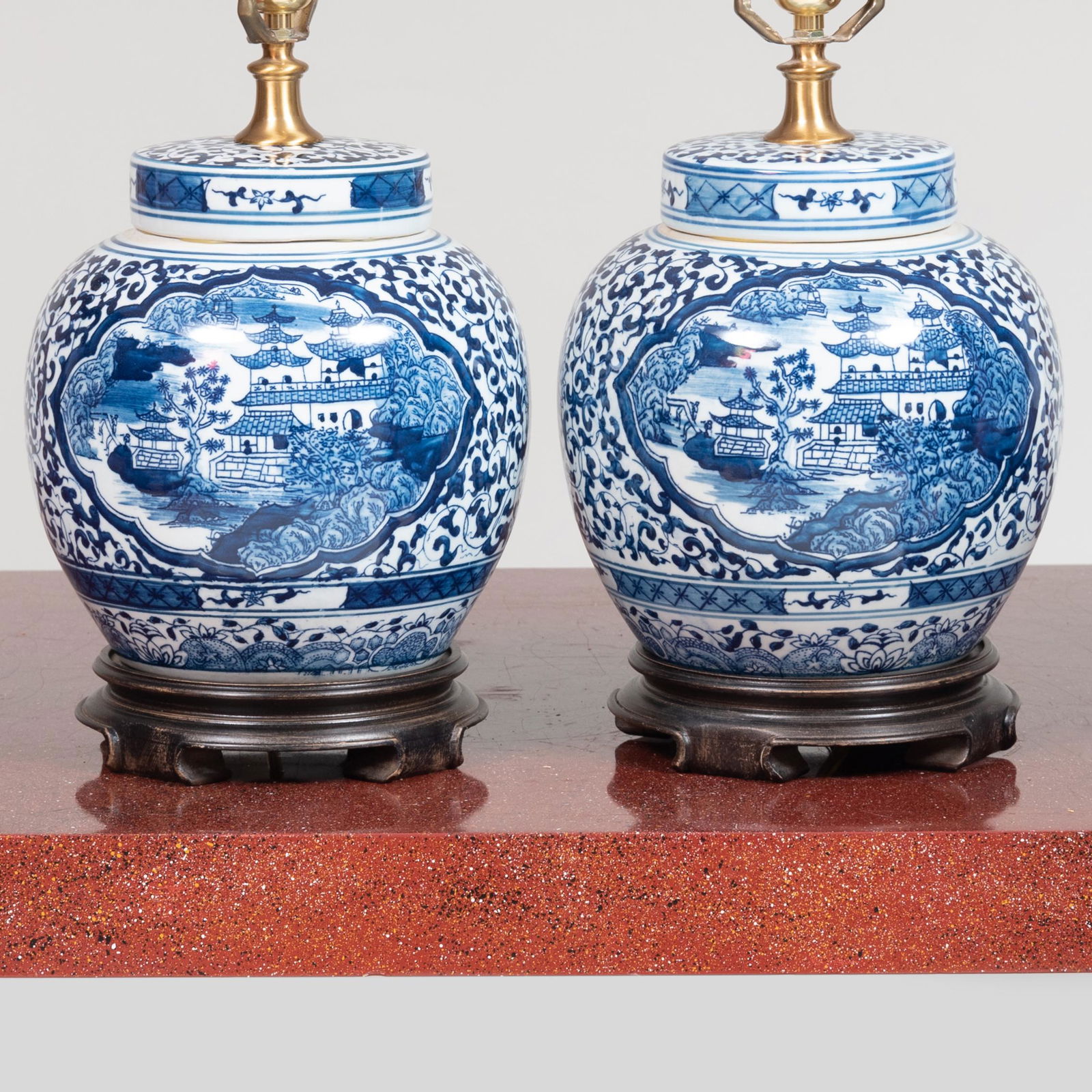 Pair of Chinese Blue and White Porcelain Jars and: Pair of Chinese Blue and White Porcelain Jars and Covers Mounted as Lamps 16 1/2 x 8 in. diam. (overall). John Richardson: A Scholar Collects